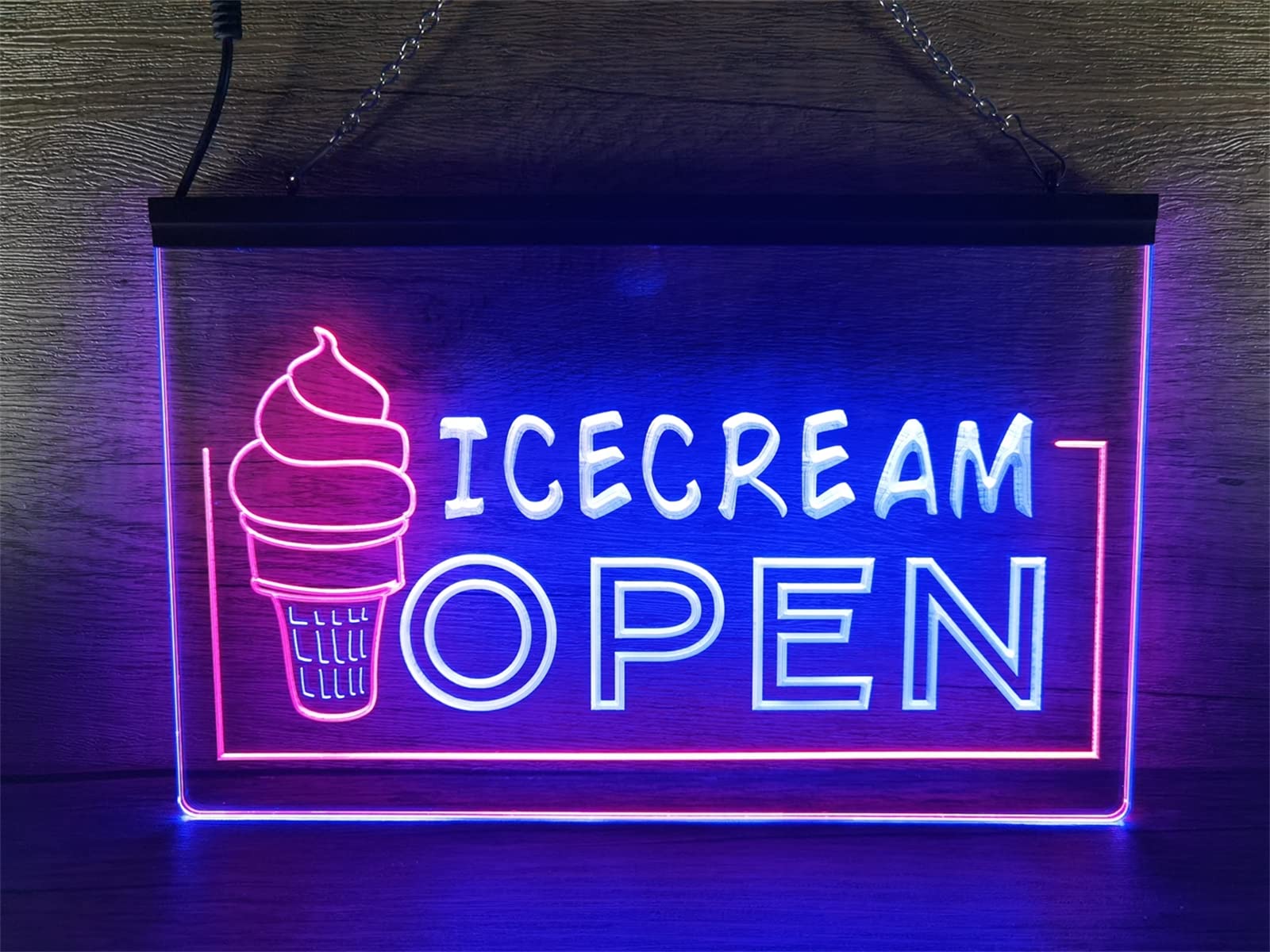 REWIS Ice Cream LED Neon Signs, USB Powerd Blue And Red Neon Lights, for Ice Cream Ads Signboard,40X30cm,B