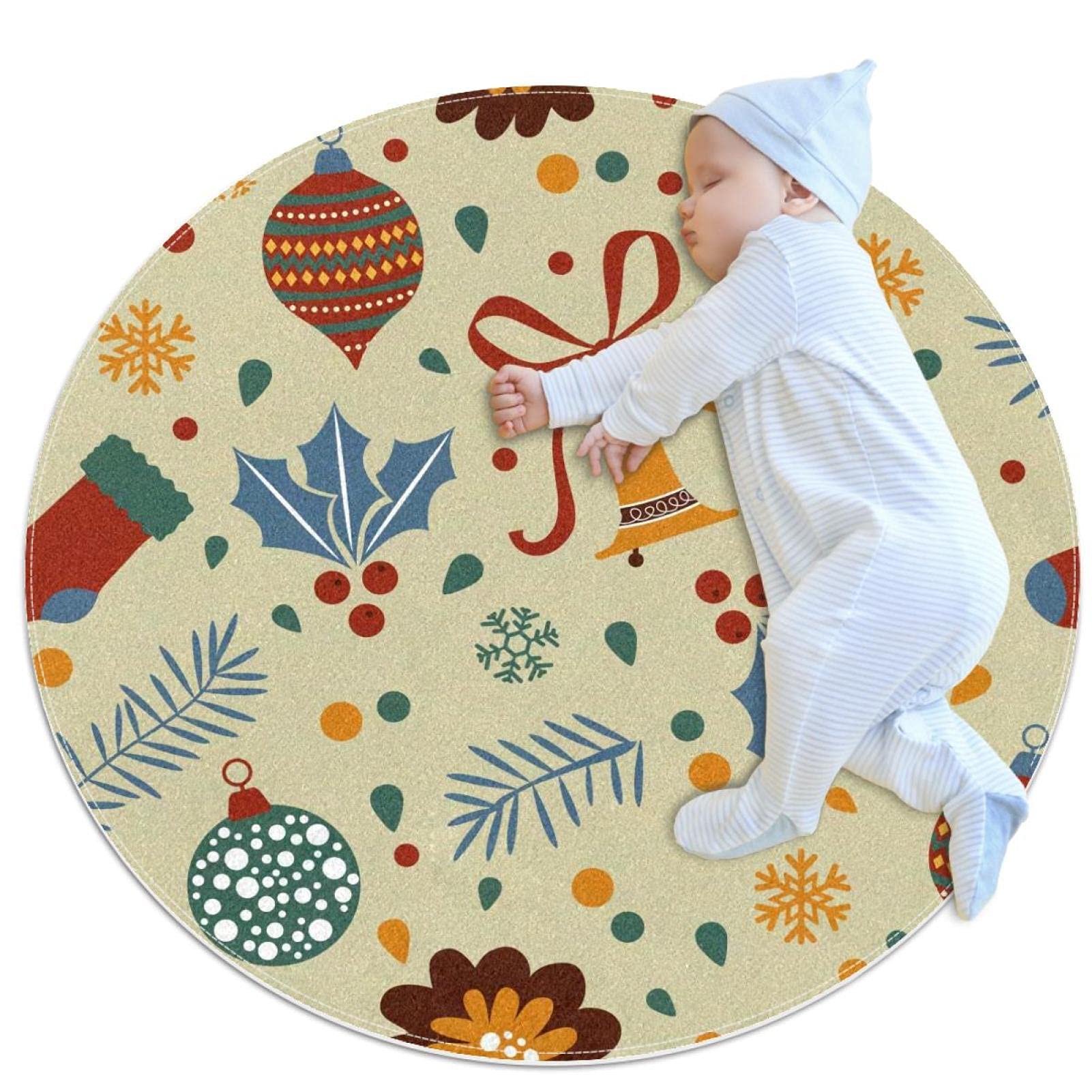 Tapis de salle de bain rond de 1m avec motif de boules de Noël antidérapant pour chambre