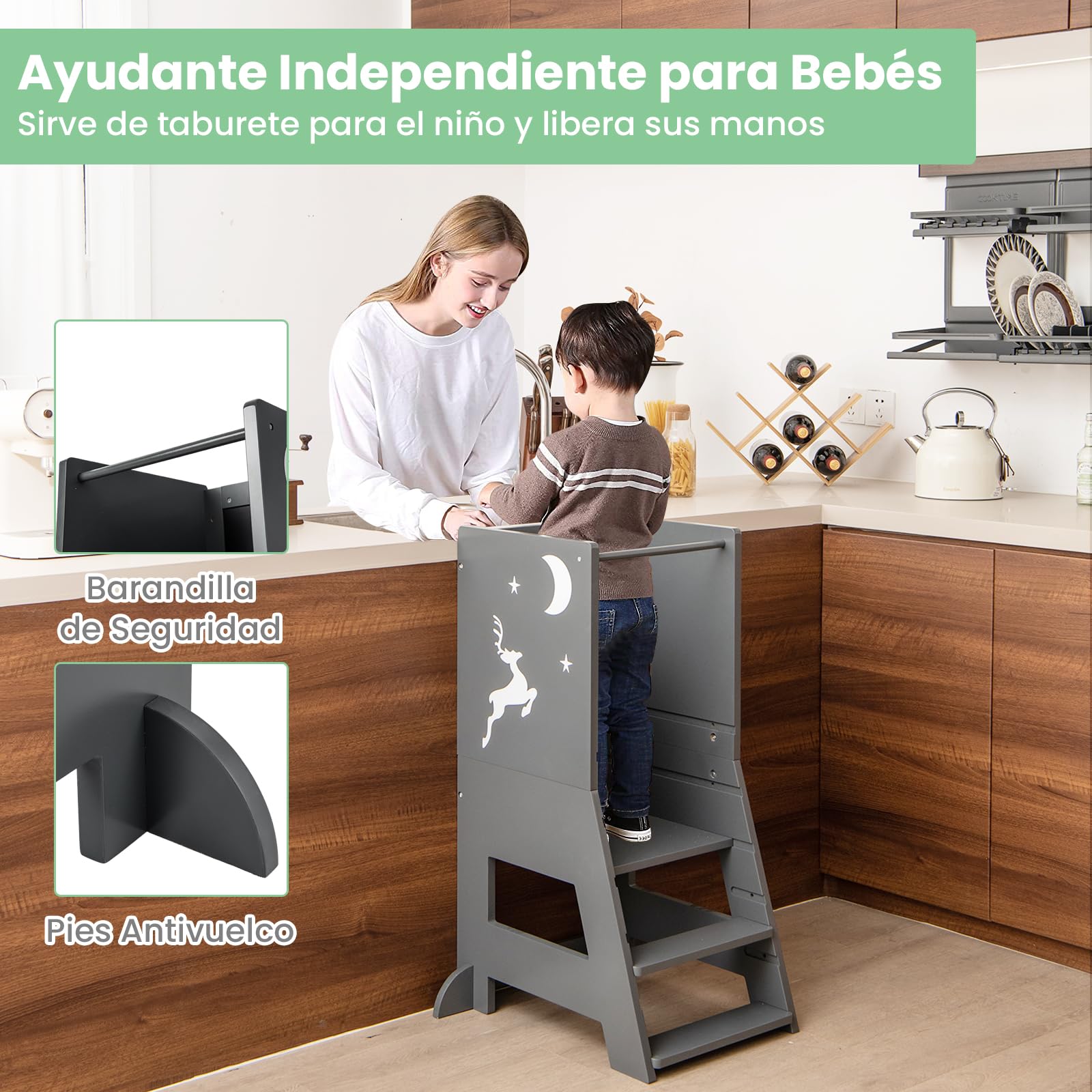 COSTWAY Torre de Aprendizaje, 2 en 1 Torre de Taburete Infantil con 3 Rotuladores, Pizarra Blanca y Negra, Plataforma y Escalón Ajustables, Escalera para Niños para Cocina Baño Comedor (Gris)