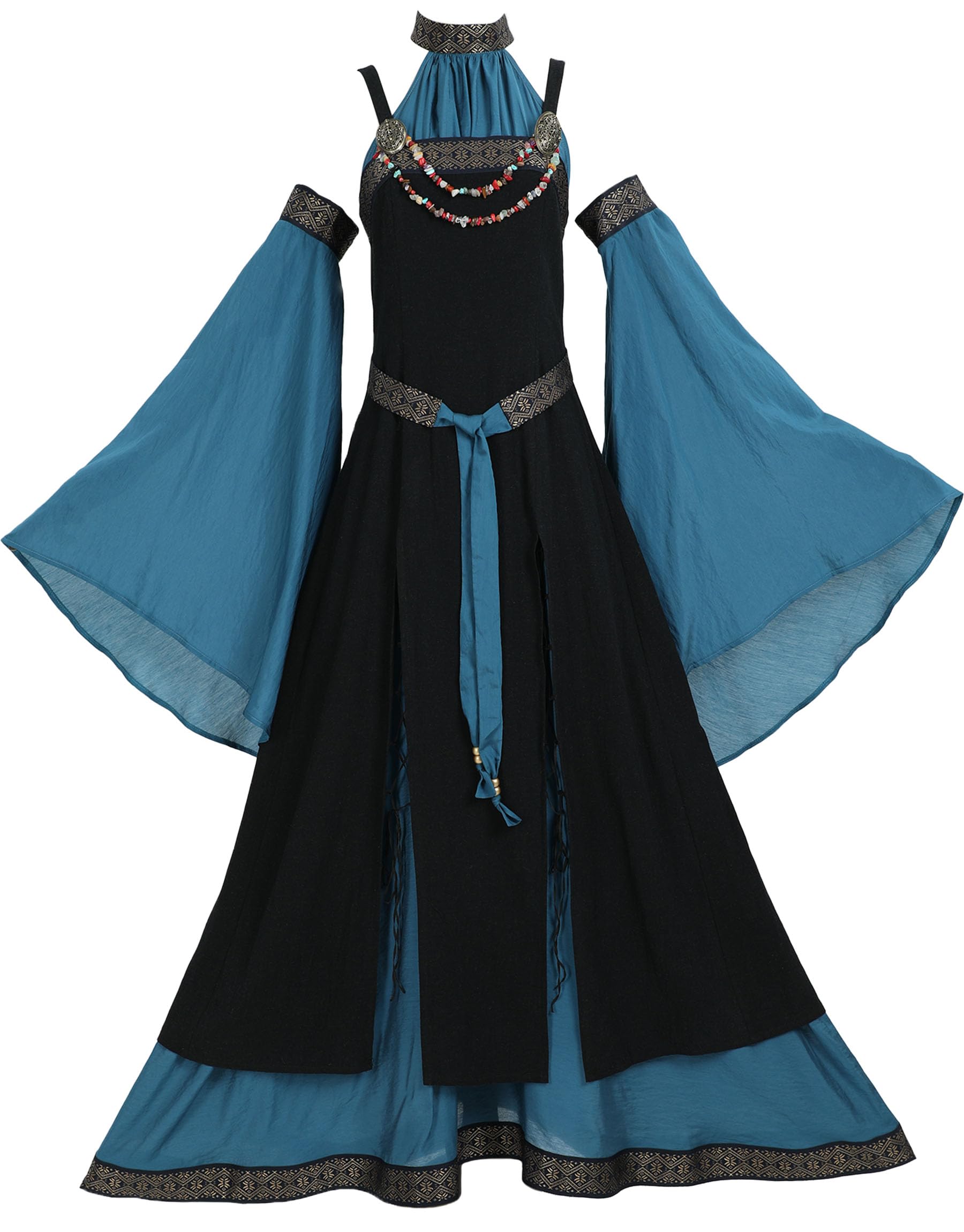 daizbella Medieval Renaissance Dress Costume Viking Elf Off Shoulder Dress with Belt and Sleeves Cosplay Costume