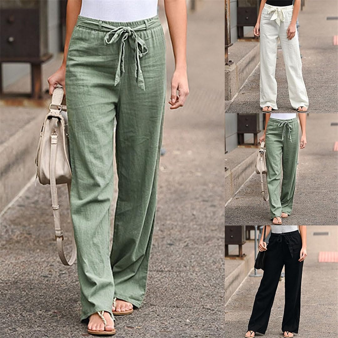Pantalones Rectos Largos De Lino Y Algodón Informales para Mujer, Pantalones De Pierna Ancha, Pantalones De Cintura Alta