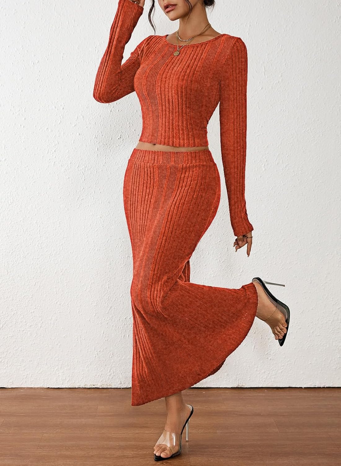 Pink Queen Ribbed Knit 2 Piece Dress Set for Women Fall Long Sleeve Crop Top with High Waist Skirt Set Cocktail Party Outfits - Image 2