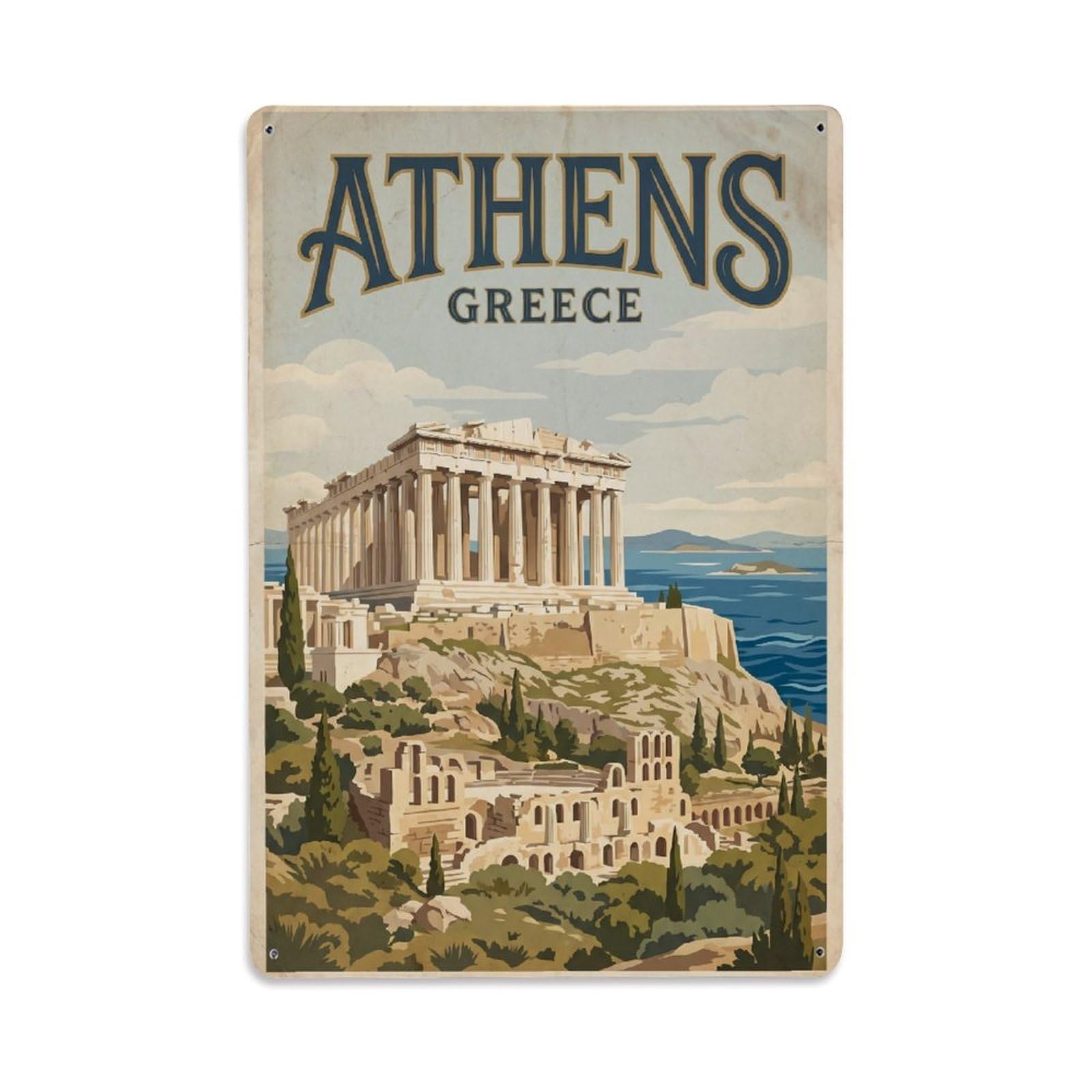 Vintage Travel Greece Athens Metal Tin Sign Plaque Wall Decor for Cafe, Club Bar, Office, Garden Metal Poster 8x12Inch