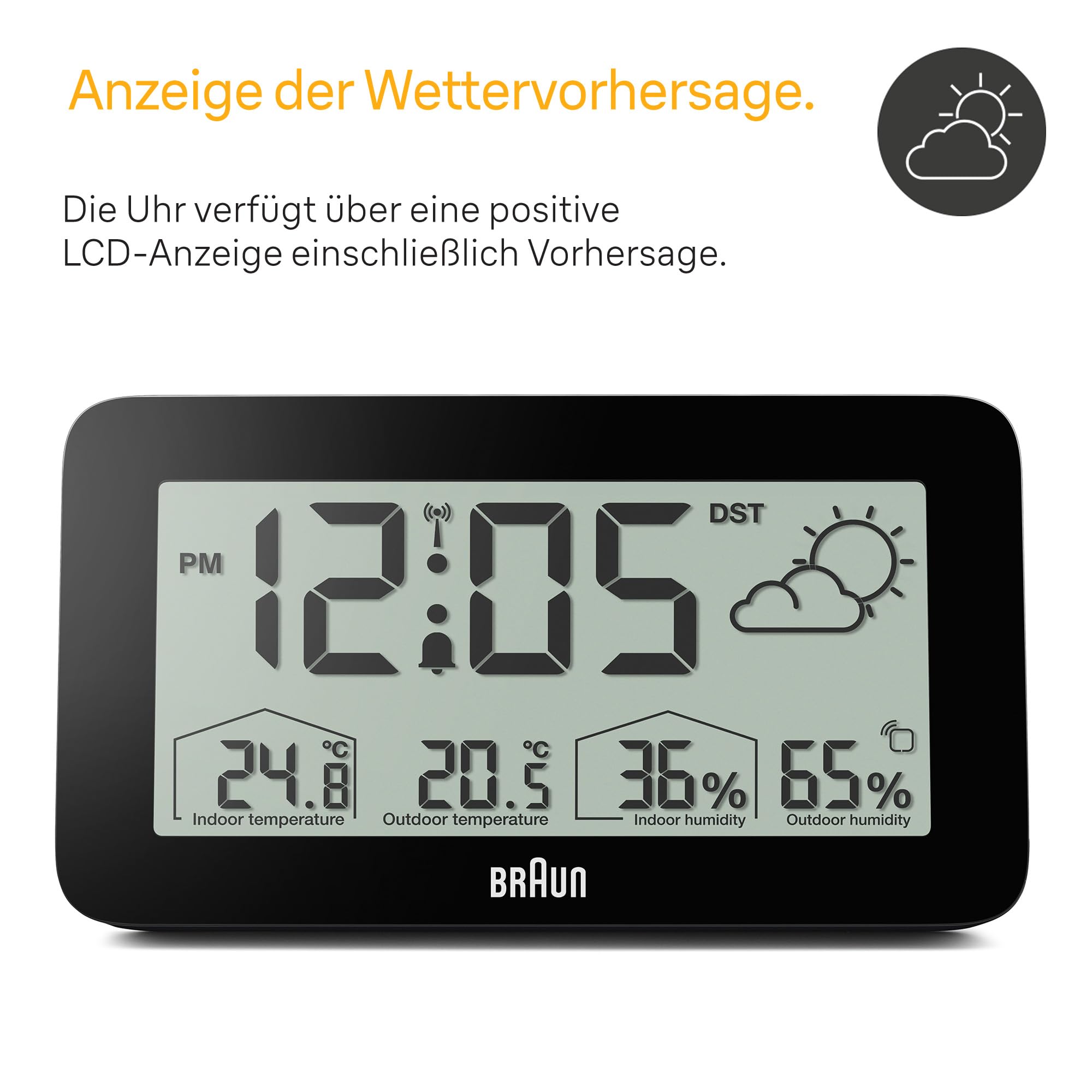 Braun Digitale Wetterstationsfunkuhr für die mitteleuropäische Zeitzone (DCF) mit Anzeige von Innen- und Außentemperatur, Luftfeuchtigkeit, Vorhersage, Alarm-Piepton in schwarz, Modell BC13BP-DCF.