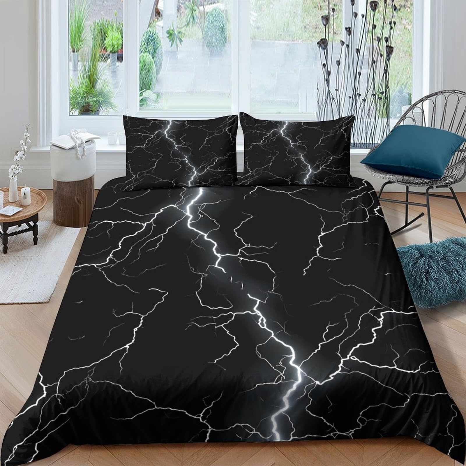 GPLZQXKJNH 3D Printed Lightning Storm Duvet Cover Microfiber Soft Breathable Thunderbolt Bedding Set with 2 Pillowcases for Bedroom Decor Single（135x200cm）