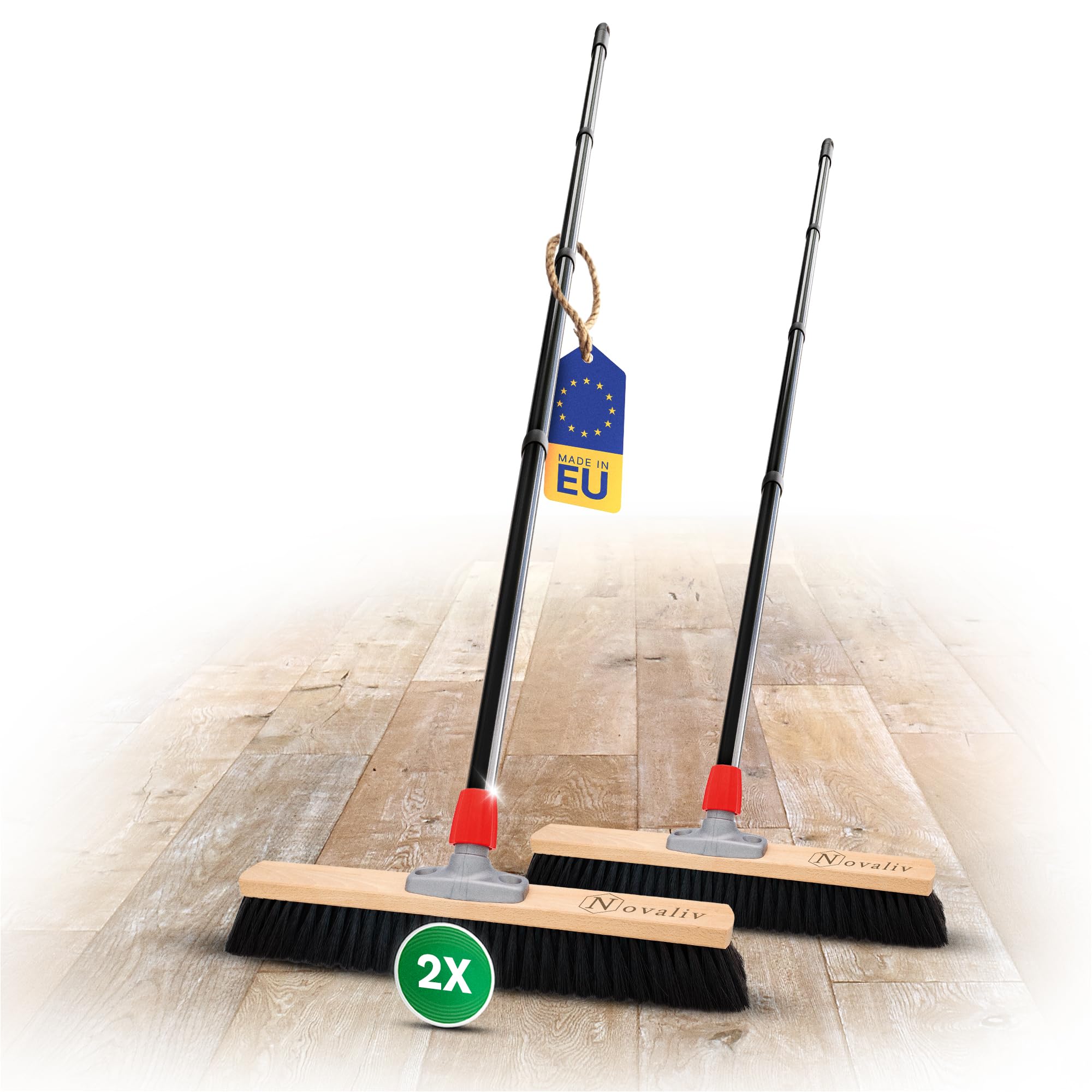 Novaliv 2 scope da sala da 50 cm con manico, setole di cavallo, ideali come scopa da officina con manico, scopa industriale, scopa per casa, scopa per capelli, scopa morbida