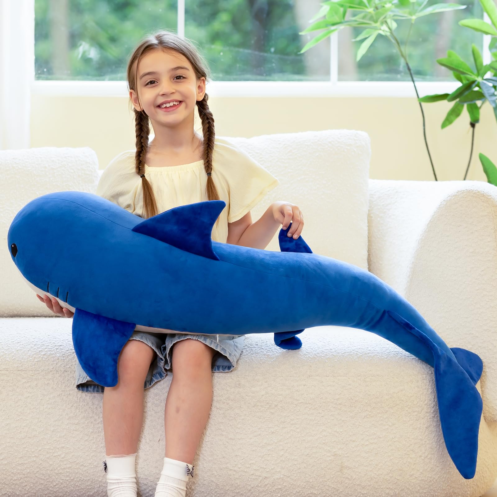 KERTA 4ft Giant Whale Stuffed Animal, S-Shape Long Stuffed Whale Plush Body Pillow for Boys Girls Sleeping, 47inches Ocean Theme Whale Toy Gift for Christmas Birthday Decoration 2