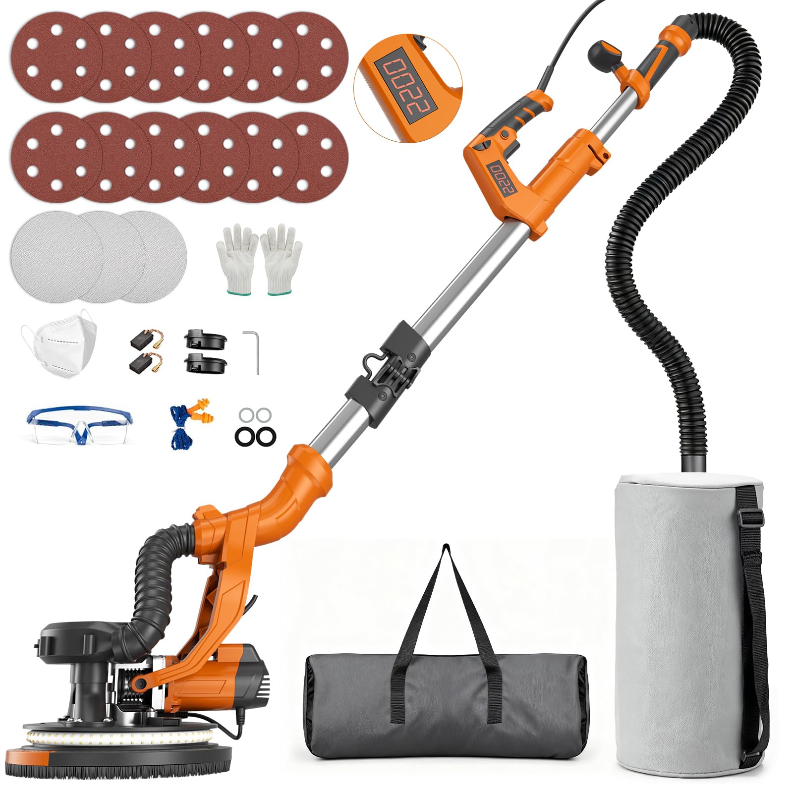 Protmex Trockenbauschleifer -1000W Wandschleifer mit Integriertem Staubsauger LED-Licht 6 Geschwindigkeiten 800-2200RPM Deckenschleifer mit 15 Schleifscheiben Schleifgiraffe