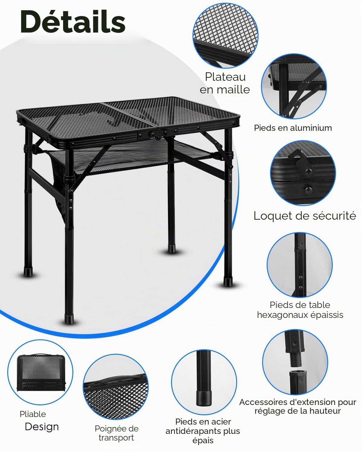 MSDADA Table de gril pliante, réglable en hauteur, bureau et sac en maille, portable pour camping, pique-nique, terrasse, salle à manger, barbecue, fête, noir, 60 x 40 cm