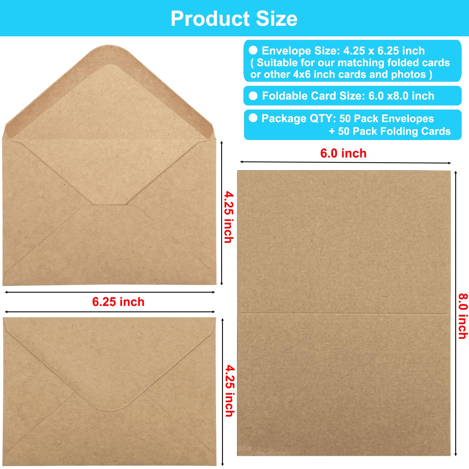 Zestaw 50 pustych kartek i kopert, 10 x 15 cm, brązowe, puste, kartki okolicznościowe i koperty, składany karton z kopertą do samodzielnego wykonania, kartka z podziękowaniami, zaproszeniami