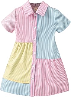Toddler Little Girl's Shirt Dress Striped Color Block Button Down Short Sleeve Dresses Size 1-8 - Buy now