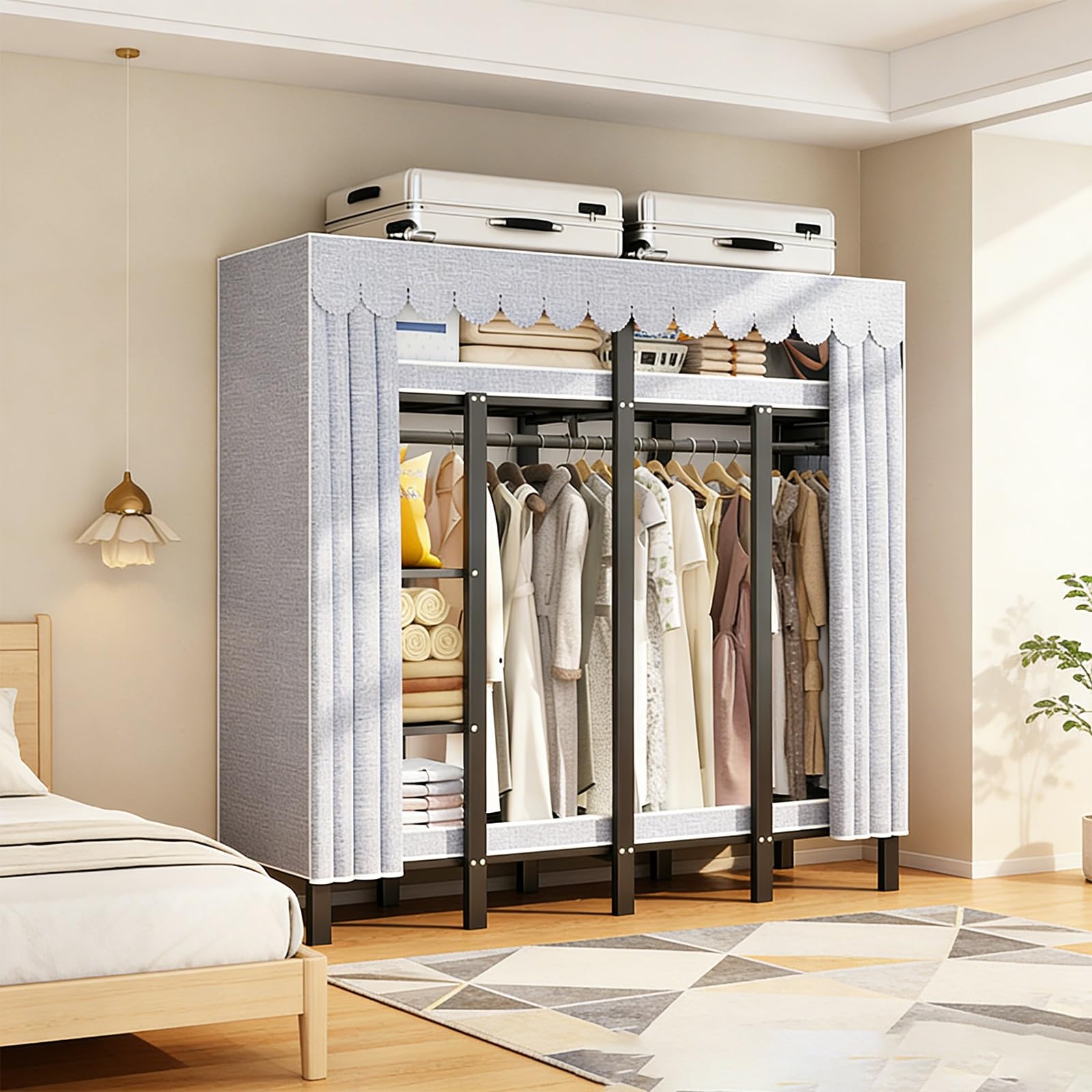 Zusammenklappbarer Kleiderschrank,Faltschrank Zum Aufhängen Von Kleidung,Tragbarer Stoffschrank Aus Metall,Einfach Stoff-Kleiderschrank,Große Faltschrank Für Schlafzimmer(145cm/57in)