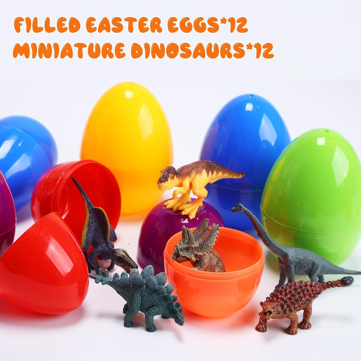 CUTE STONE 12 Pack Filled Easter Eggs with Dinosaurs, Prefilled Easter Basket Stuffers Easter Party Favors for Toddler, Kids,Boy, and Girls