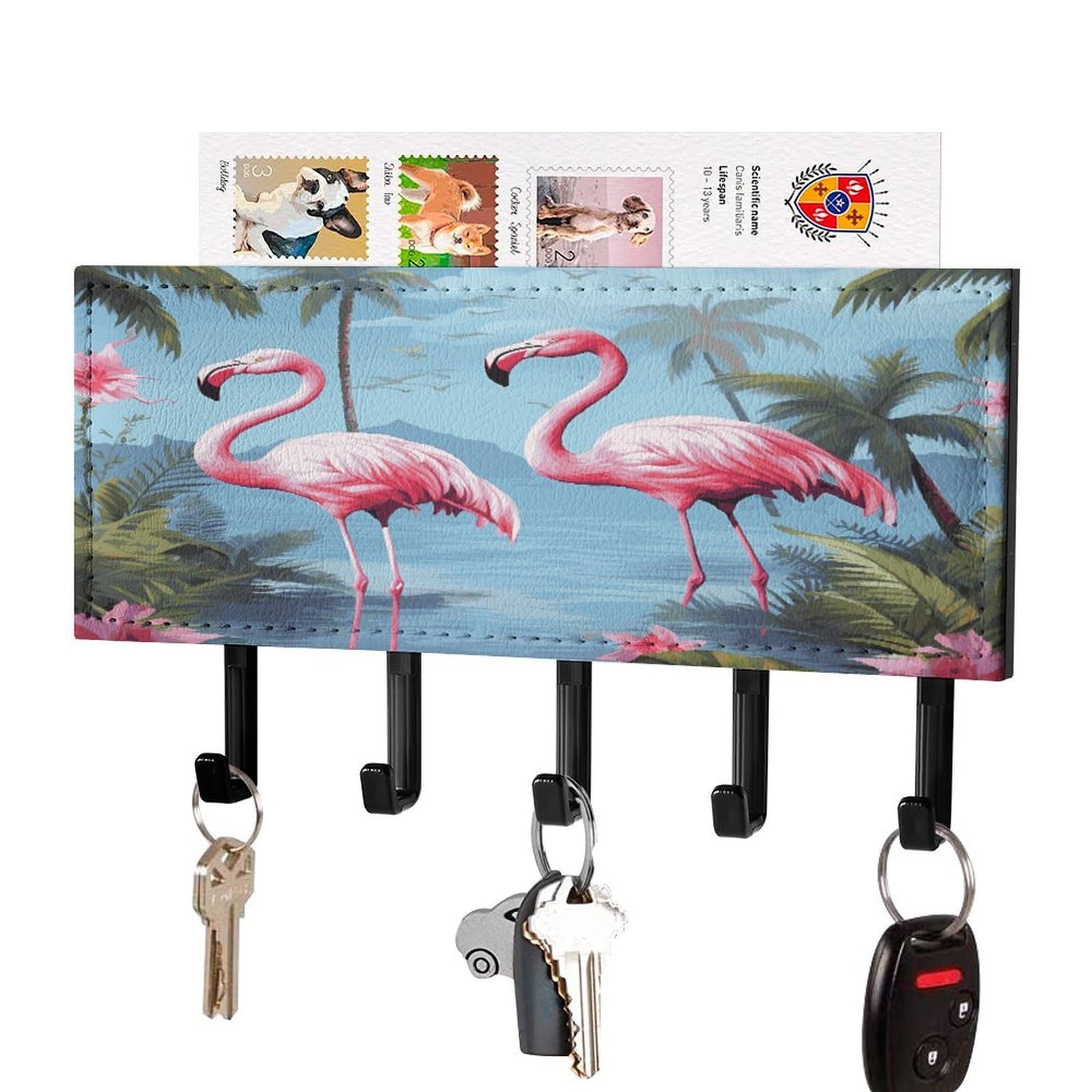 LDGSUPH Tropical Flamingos Key Holder Wall Mount Key Hanger with 5 Hooks Fashion Key Organizer Rack Hanging Key Hooks with Mail Organizer Key Rack for Home Entryway Hallway Black-Style