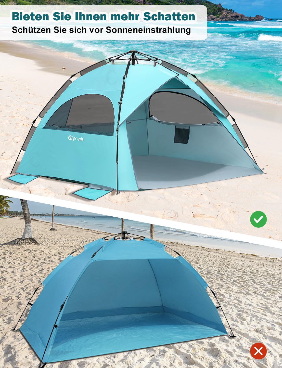 Glymnis Strandmuschel Quick Up Strandzelt Automatisches Zelt UV-Schutz 50+ Windschutz für 4-6 Personen Blau