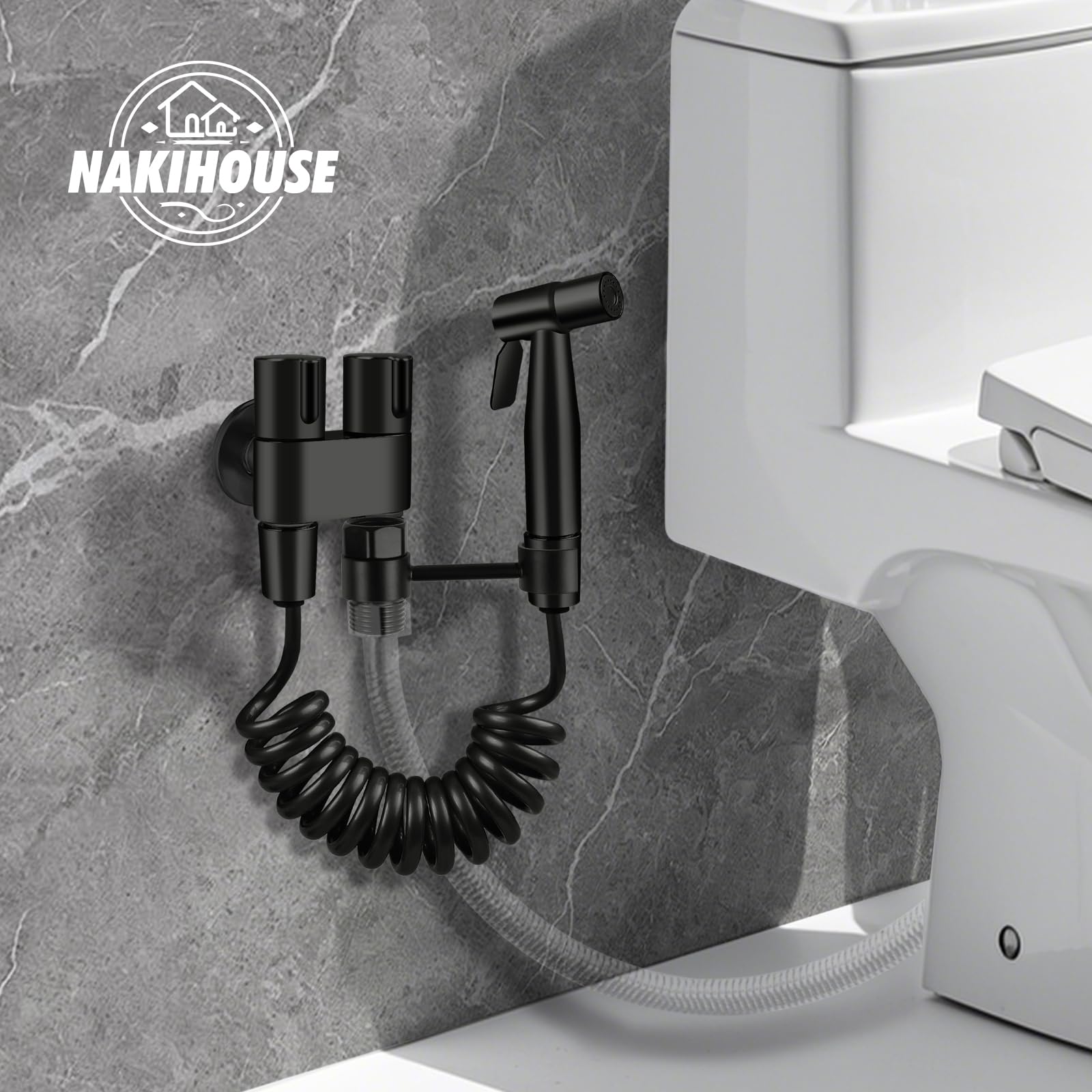 Bidet Handbrause für Toilette, Edelstahl Bidet Handbrause Set mit 1-in-2-Out Doppelsteuerventil Wasserhahnspender und Schlauch zum Waschen von Haustieren, Reinigen des Bades, Schwarz