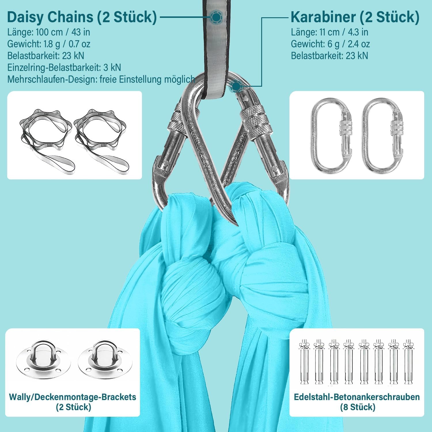 Toalla de yoga profesional – 500 x 200 cm, paño transpirable para yoga en el aire, yoga, swing de yoga, antideslizante, alta capacidad de carga (hasta 300 kg), incluye mosquetón y bolsa de