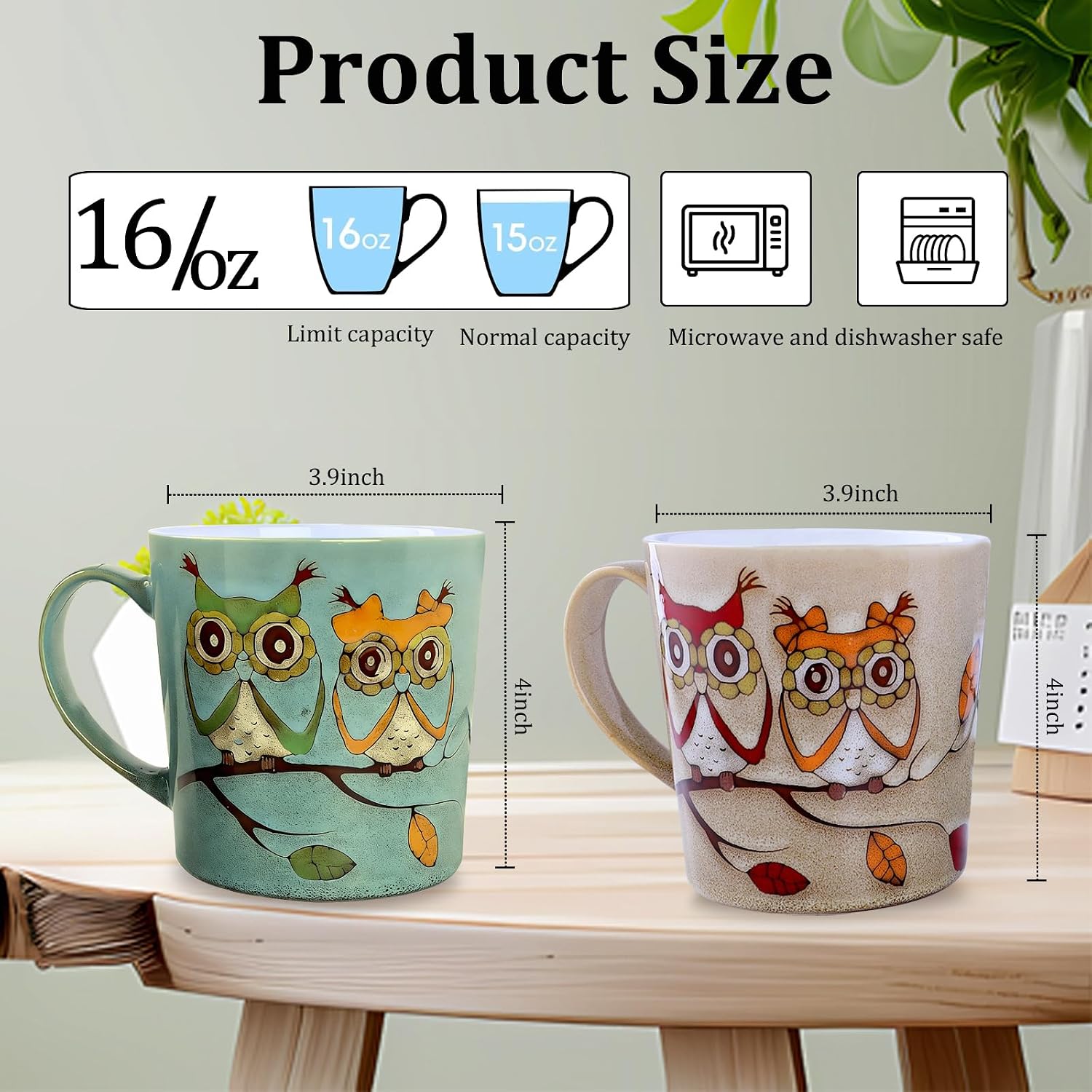 Owl Coffee Mug,16 OZ Large Mug,Diner Coffee Cup with Handle,Vintage Ceramic Cup with Couple Bird Pattern for Latte,Cappuccino,Cocoa Idea Gift for Men Women 1PC Blue