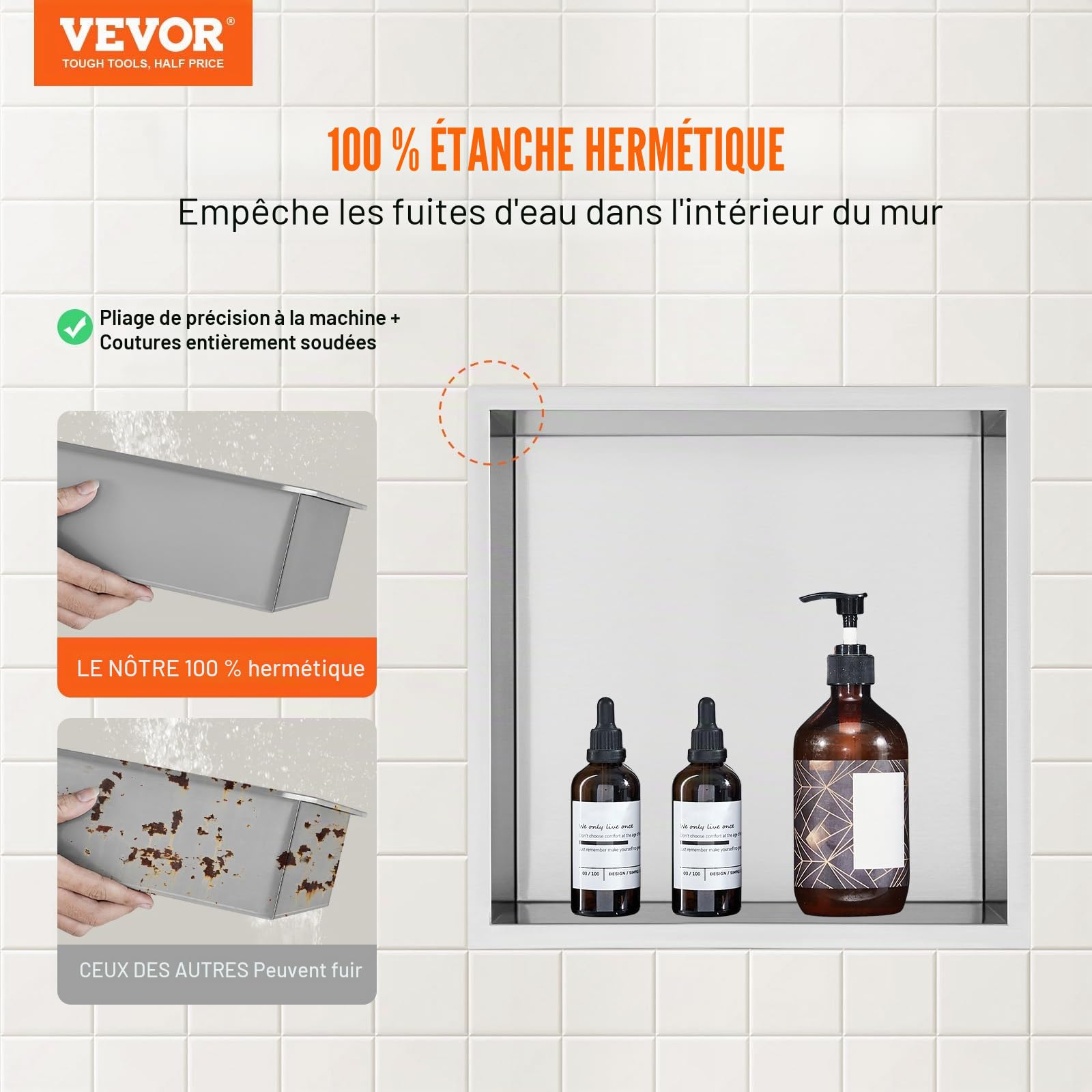 VEVOR Niche Encastrable Salle de Bain 33,02x33,02 cm Niche Douche Murale Double Étagère Acier Inoxydable 304 Scellée Étanche Facile à Nettoyer Moderne pour Stockage Savon Douche Salle de Bains, Argent