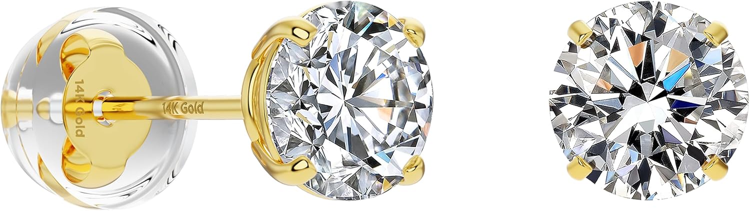 14K Solid Gold Round Cubic Zirconia Stud Earrings for Women – Real Gold Solitaire CZ Studs with Comfortable Push-Backs – Everyday Classic in Multiple Sizes (2mm – 8mm), Yellow Gold or White Gold - Image 8