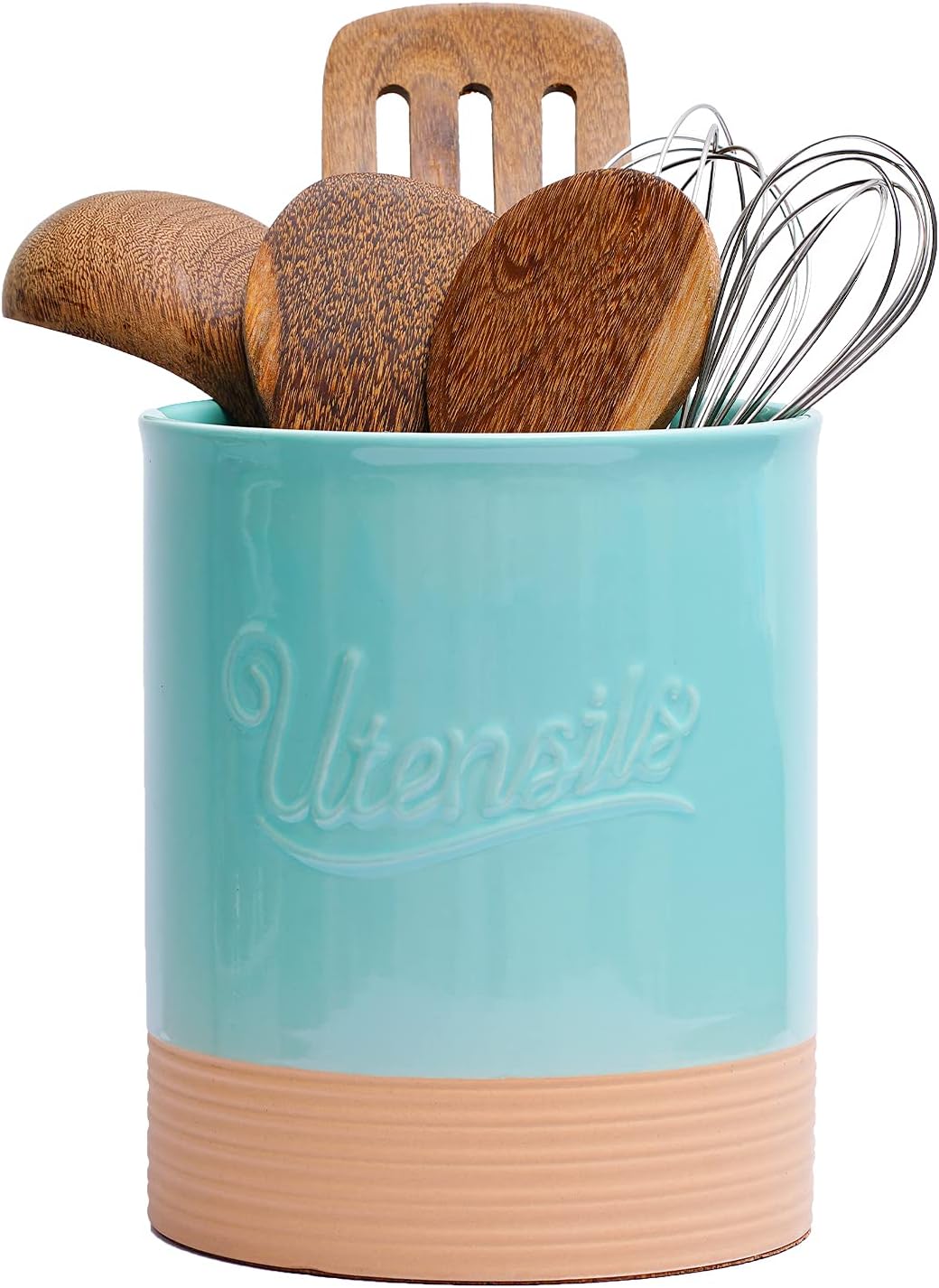 Ceramic Kitchen Utensil Holder, 7.2 inches Large Farmhouse Utensil Holders for Countertop with Anti Slip & Scratch Cork Base, Heavy Ceramic Cooking Utensil Holder Crock, Wine Cooler Bucket, Turquoise : Home & Kitchen