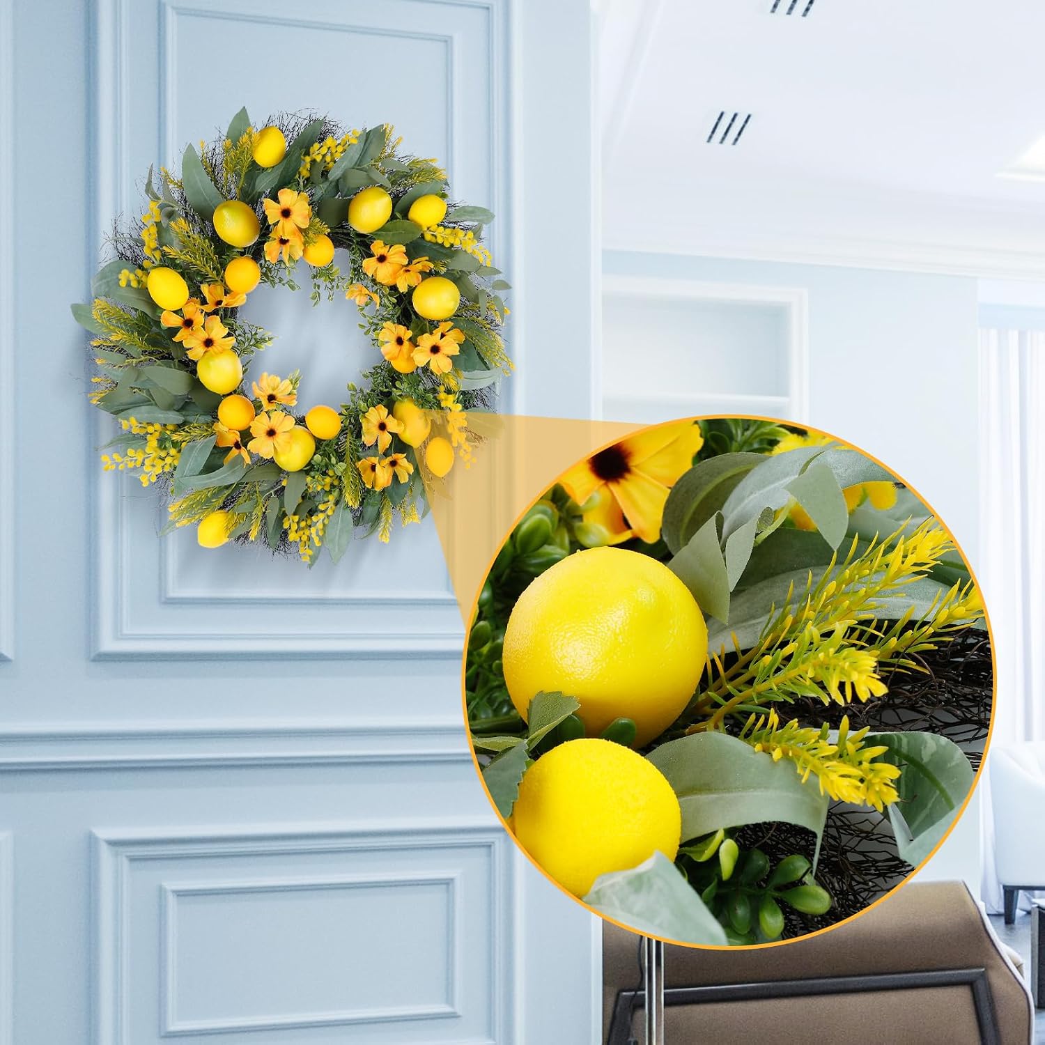Summer Wreaths for Front Door, 24in Lemmer Wreaths, Eucalyptus Wreath for Front Door, Wreath Decorations for Spring, Summer, Indoors,Outdoors, corridors, Offices. (Yellow)