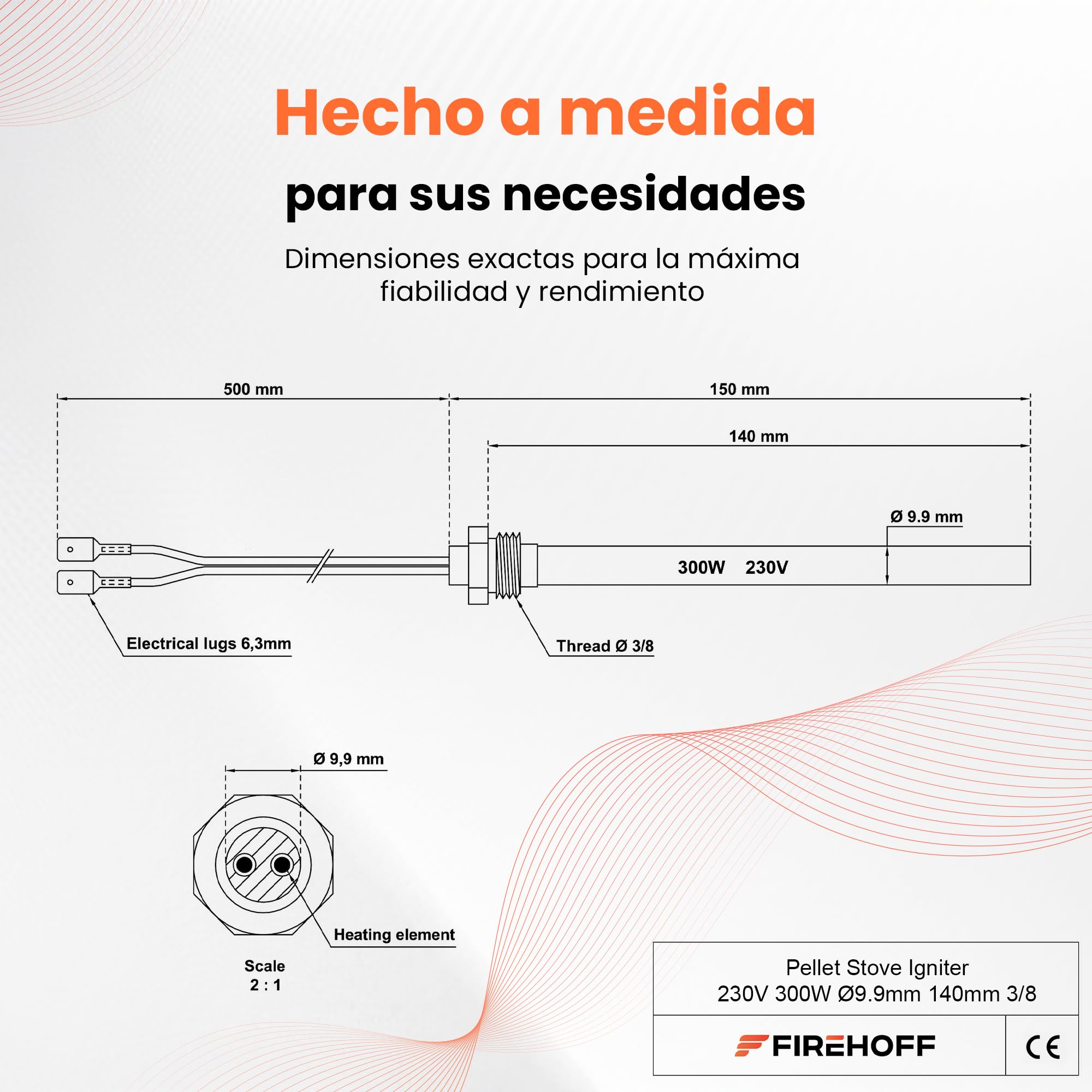 Bujía para estufa de gránulos, 300 W, 140/150 mm, diámetro 9,9 mm, rosca 3/8 con orejetas
