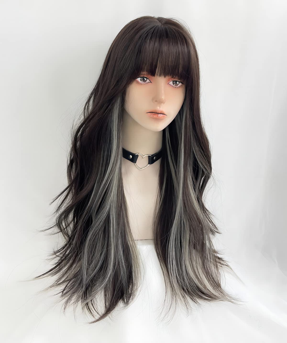 WKLOUYHE Long Wavy Wig for Women Synthetic Curly Wig with Bangs Fibre Cosplay Wig for Girls Daily Use Colorful Wigs (Black+Brown+White)