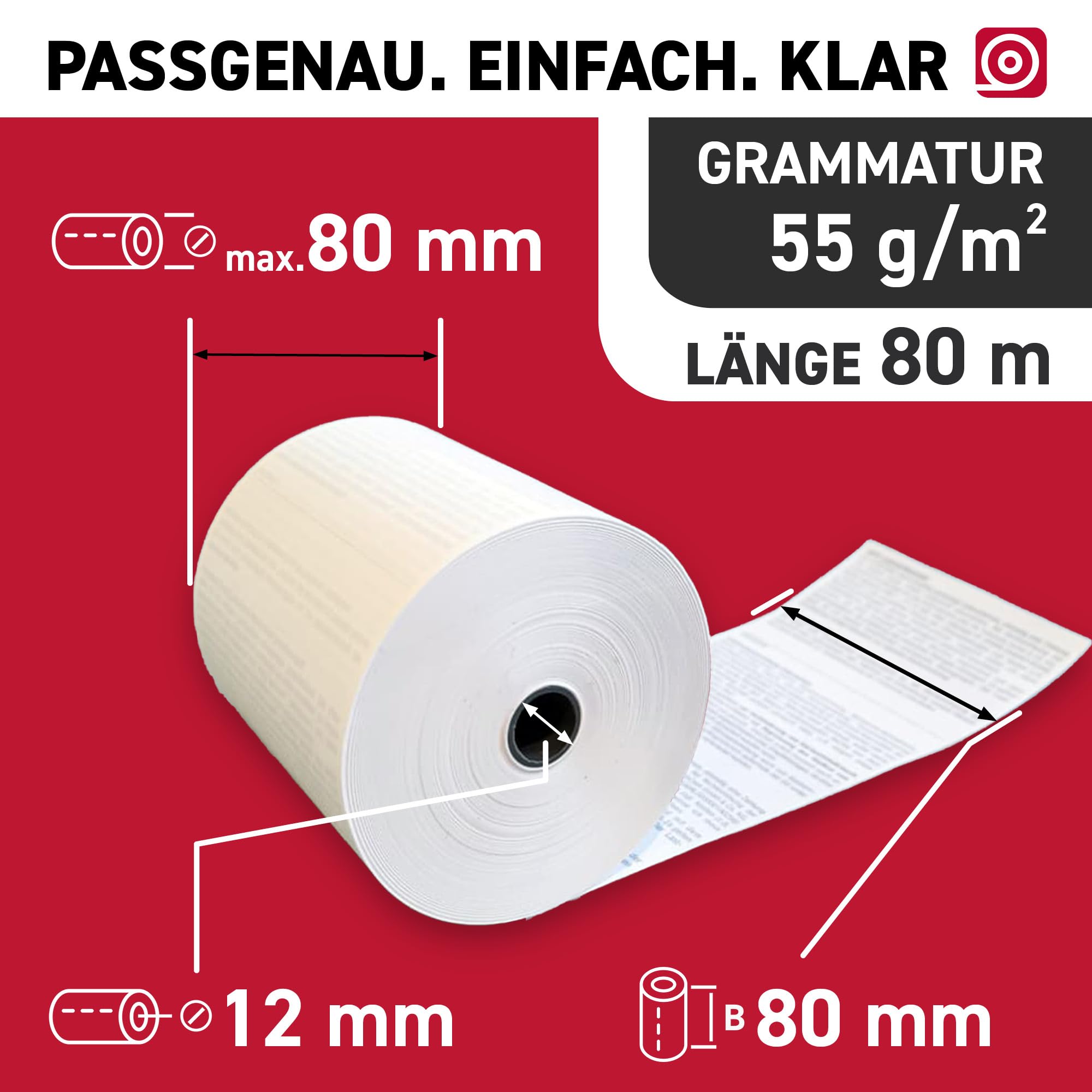 Thermorollen 80 mm x 80 m x 12 mm 55g/m² mit Bewirtungsbeleg für Gastronomie – hochwertige Bonrollen aus BPA-freiem Thermopapier – 40 Kassenrollen mit ⌀ 80 mm