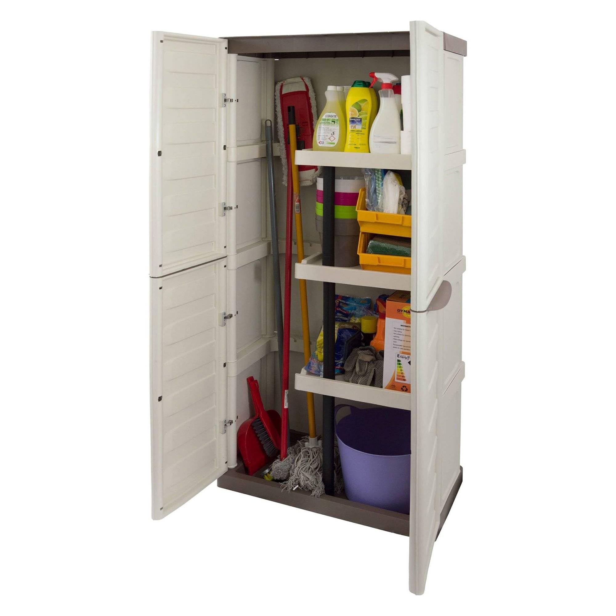 Dmora - Armoire d'extérieur Avelgem, armoire de balcon polyvalente, meuble à balais 2 portes, 100% Made in Italy, 70x47h178 cm, beige et marron, finition rayée