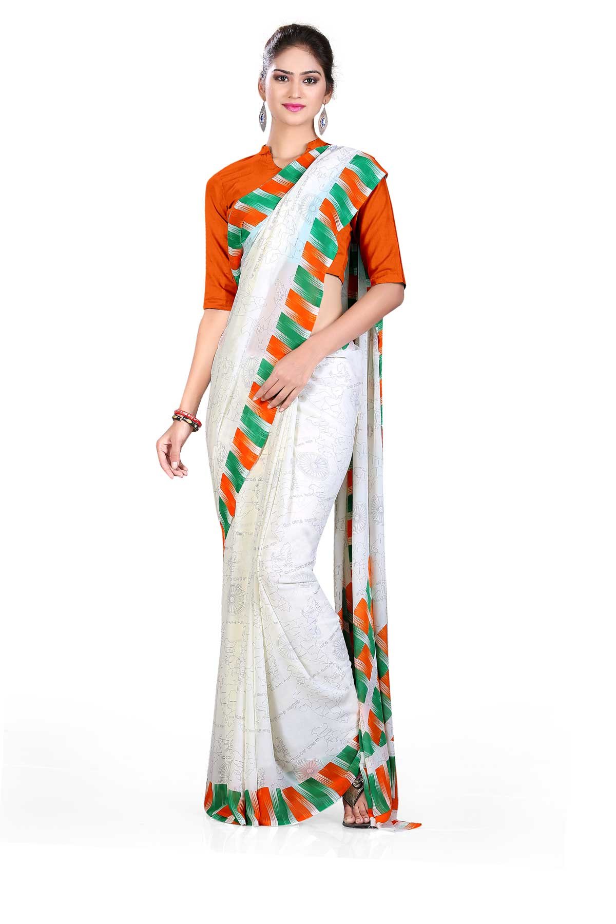 uniform sarees corp Tricolor Women's Premium Soft Georgette PRT-RE Patriotic Teachers Uniform Sarees With Blouse Piece-picture-42