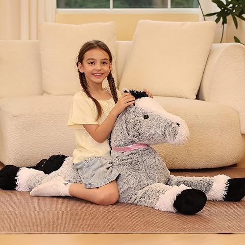 Miniatura 4 de Tezituor Almohadón de cuerpo de pony de peluche gigante de 47 pulgadas, juguete de peluche de granja de caballo realista de 4 pies de largo,