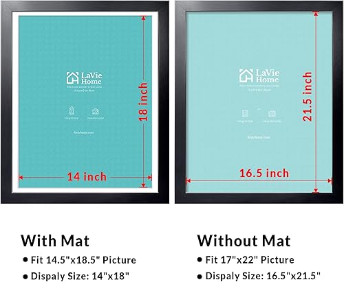 Miniatura 2 de LaVie Home Marco para póster de 17 x 22 pulgadas, color negro, para exhibir imágenes de 14 x 18 pulgadas con paspartú o de 17 x 22 pulgadas sin