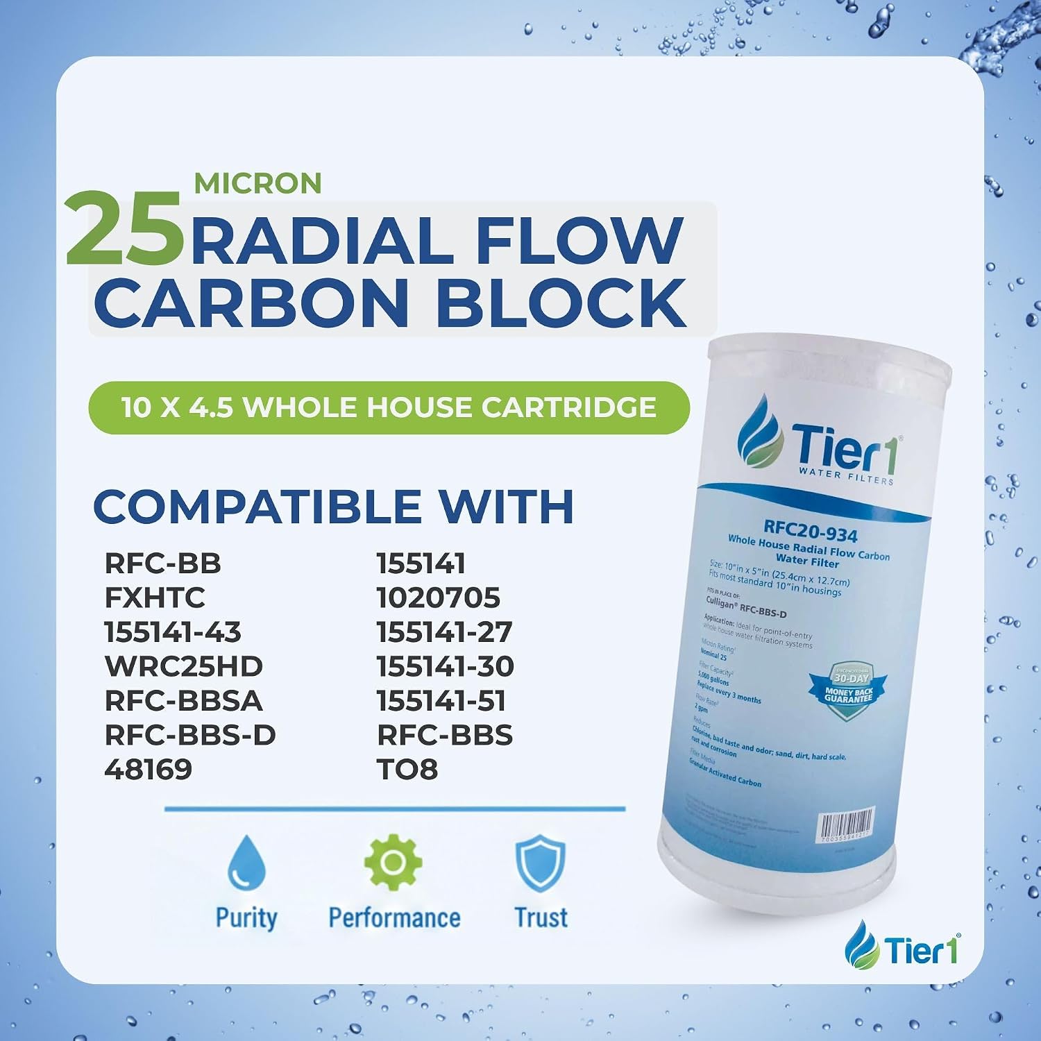 Tier1 25 Micron 10 x 4.5 Whole House Radial Flow Carbon Block Water Filter | Replacement for Pentek RFC-BB, FXHTC, 155141-43, WRC25HD | High Flow Carbon Filtration | 4.5 x 10 Water Filter Cartridge