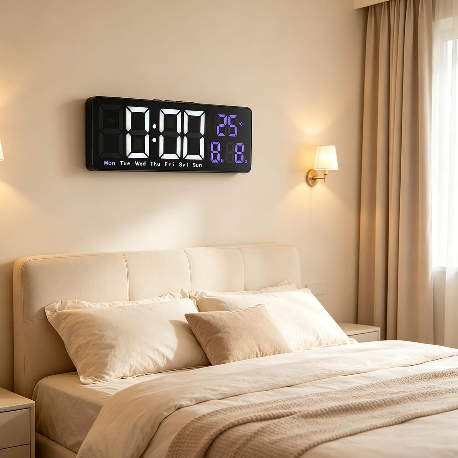 Pssopp LED Digital Alarm Clock wall-mounted above a bed in a bedroom.