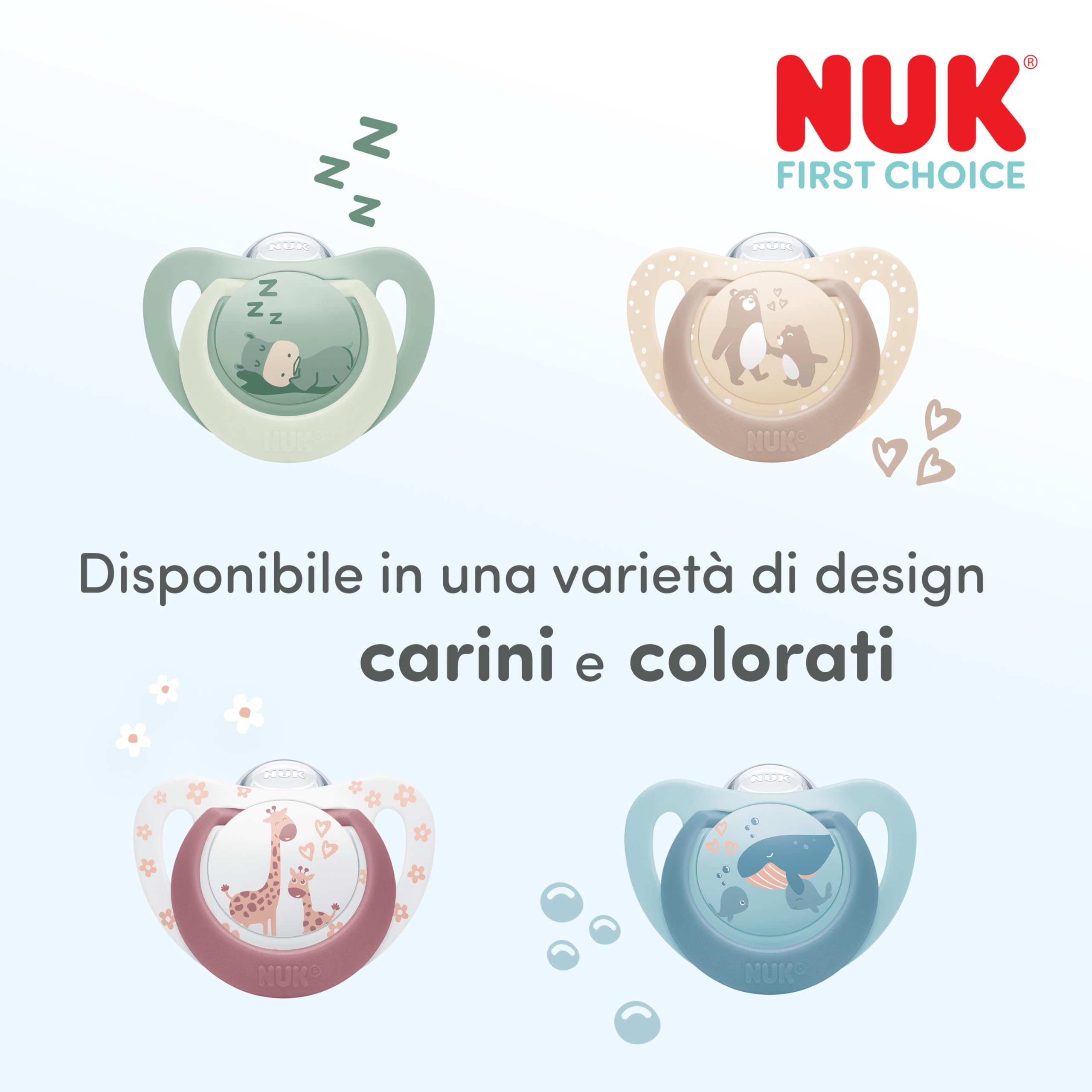 NUK First Choice Perfect Start Set Biberon | 0-6 Mesi | 4 x Biberon Anti-Colica (150 ml, 300 ml), 2 x Tettarelle, 1 x Succhietto First Choice, 1 x Scovolino per Biberon | Balena | 8 Pezzi