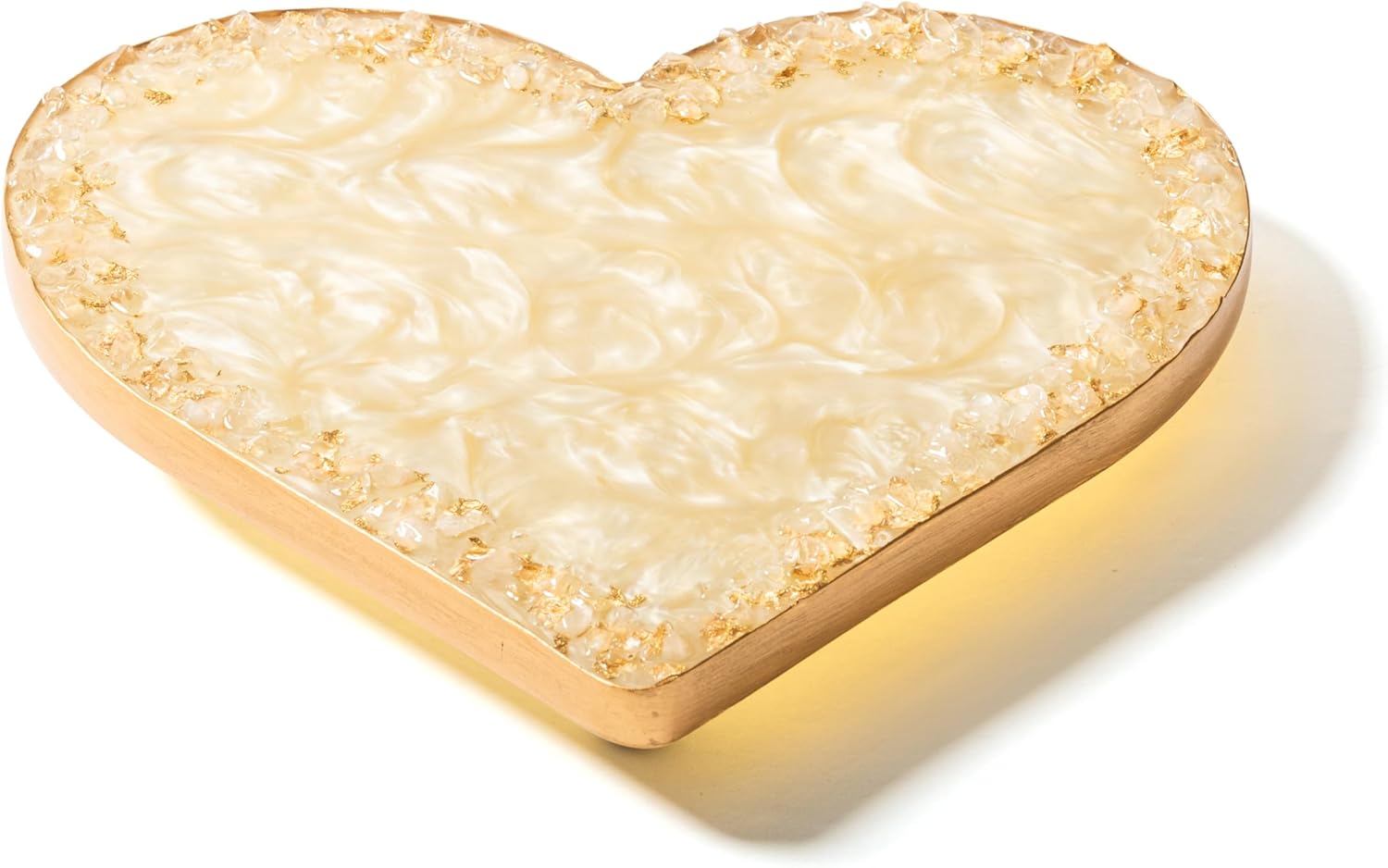 Resin Heart Shaped Vanity Tray – Marbleized Ivory Jewelry & Perfume Organizer with Gold Flakes Center and Hand-Painted Gold Rim – Decorative Bathroom & Dresser Tray