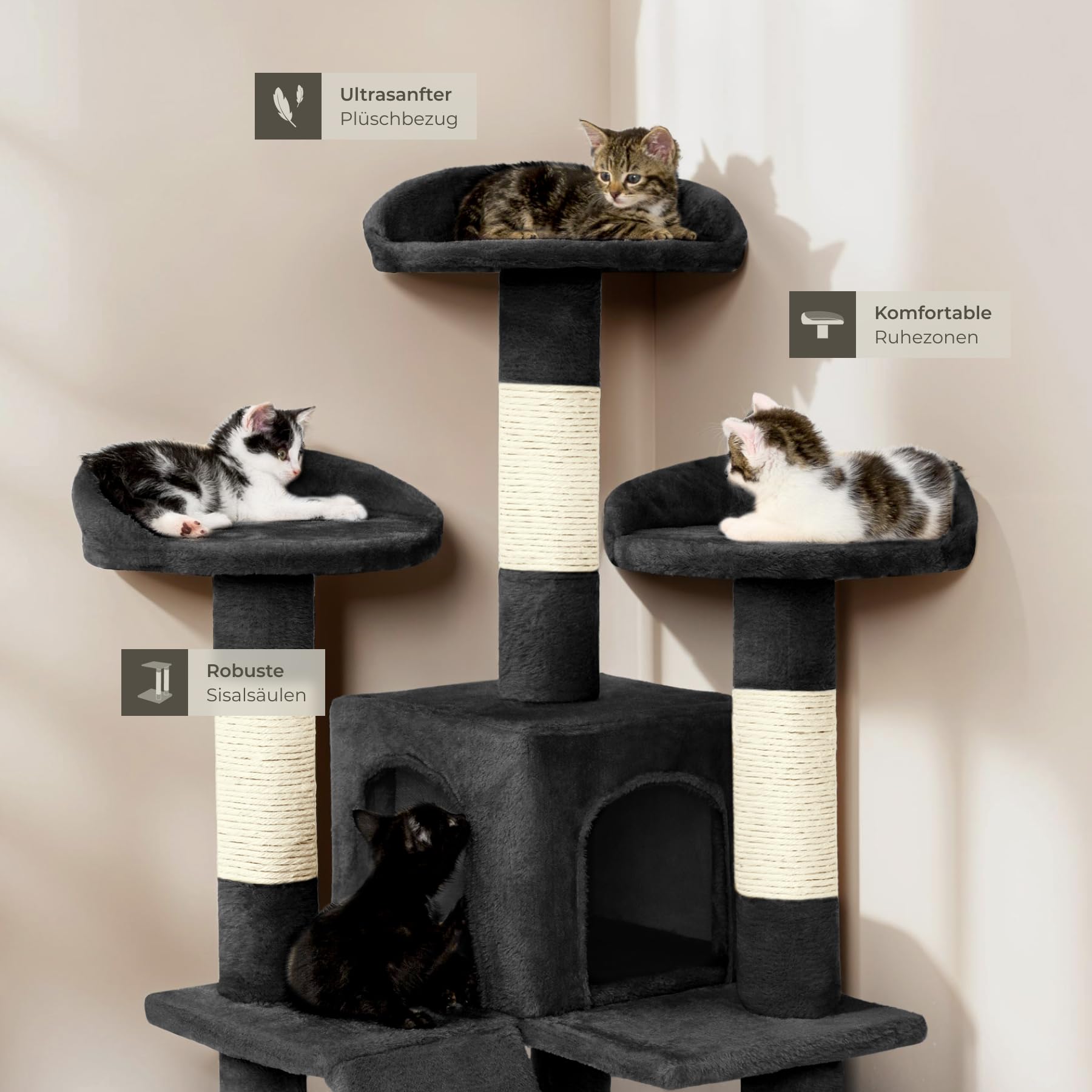 tectake® Katzen Kratzbaum Katzenbaum mittelhoch -Diverse Farben- (Schwarz)