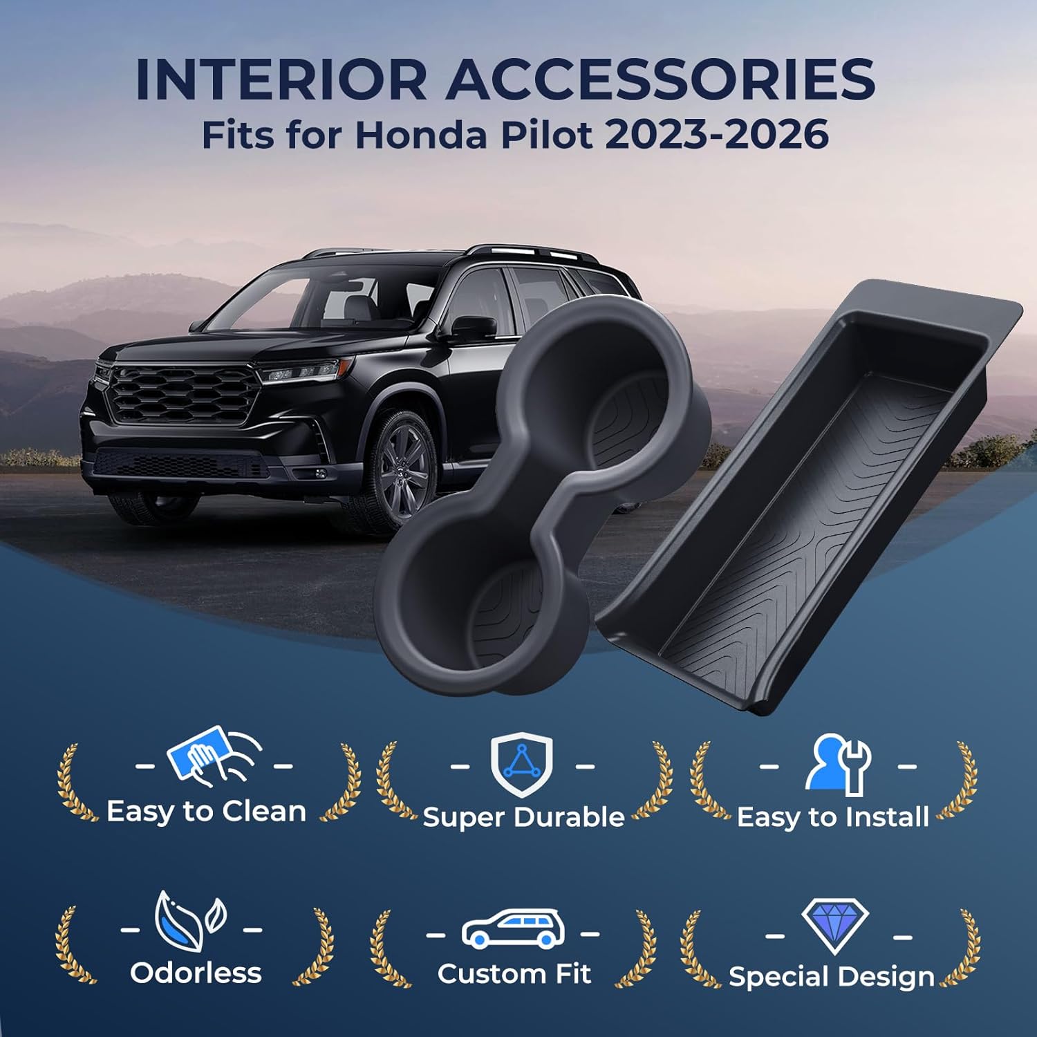 2nd Row Cup Holder Insert & Center Console Organizer for Honda Pilot 2023-2026 (Only Fits for 8 Seats), Interior Accessories TPE Car Cup Holder & Armrest Storage Tray for 2023-2026 Pilot, Black