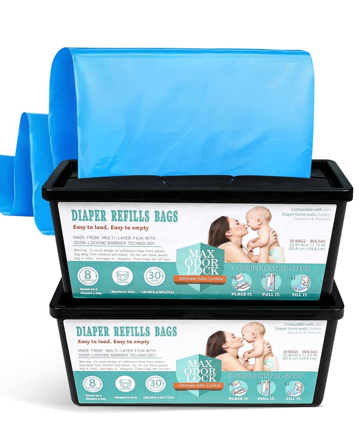 Nachfüllbeutel für Windeleimer, Geruchsneutrale Windelbeutel, Windelbeutel-Nachfüllpackungen 2er Pack (30 Beutel x 2)
