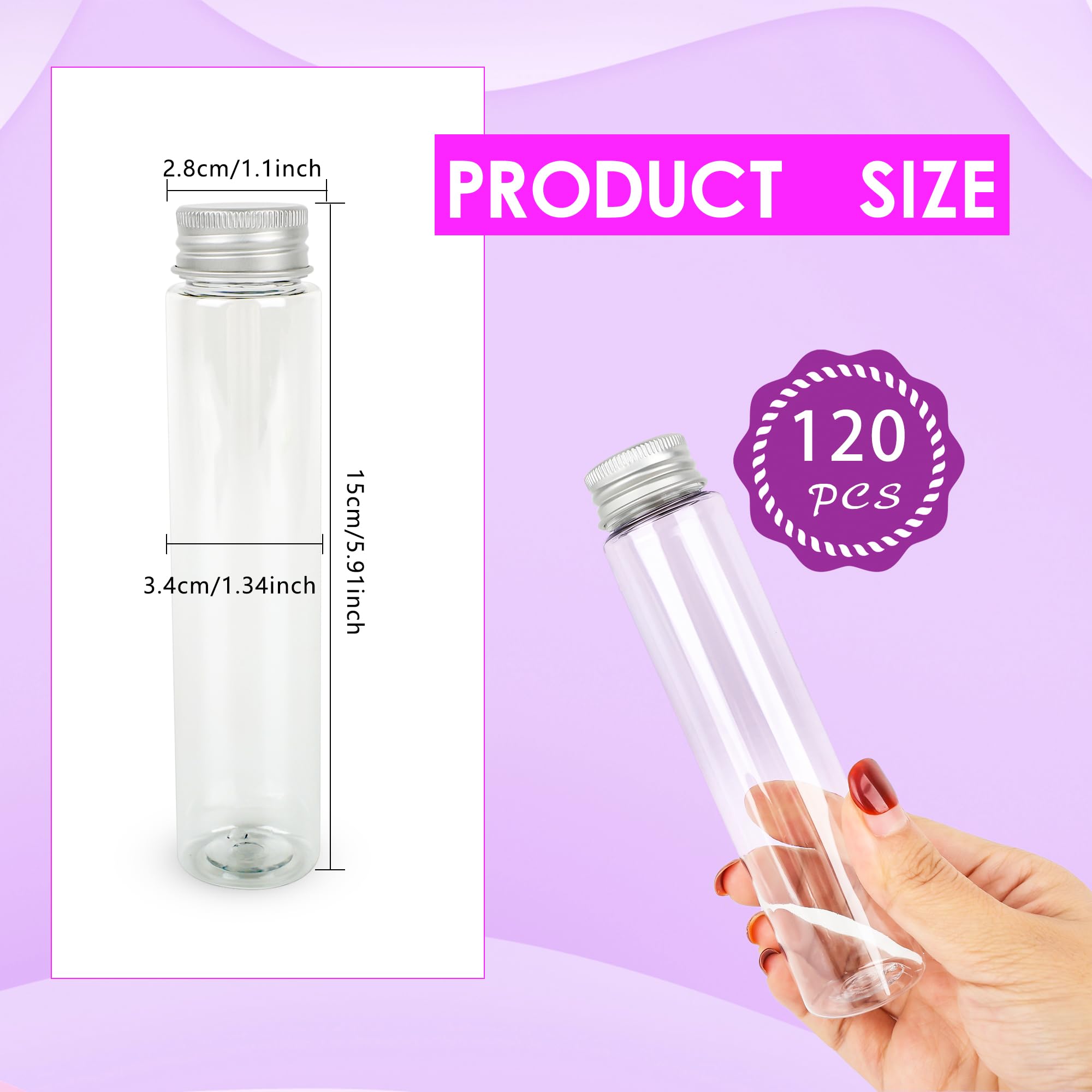120 tubos de ensayo planos de plástico de 110 ml, tubo de ensayo transparente con tapas de rosca, tubo de ensayo transparente para baño, sal de baño, caramelos, almacenamiento de caramelos, ciencia