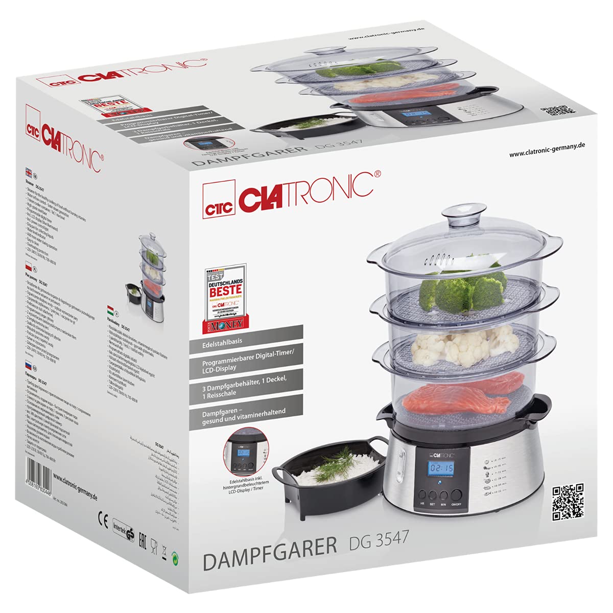 Cuiseur vapeur - Cuiseur riz - Rice cooker - Cuiseur vapeur electrique - Cuiseur Vapeur 3 Compartiments DG3547 Clatronic