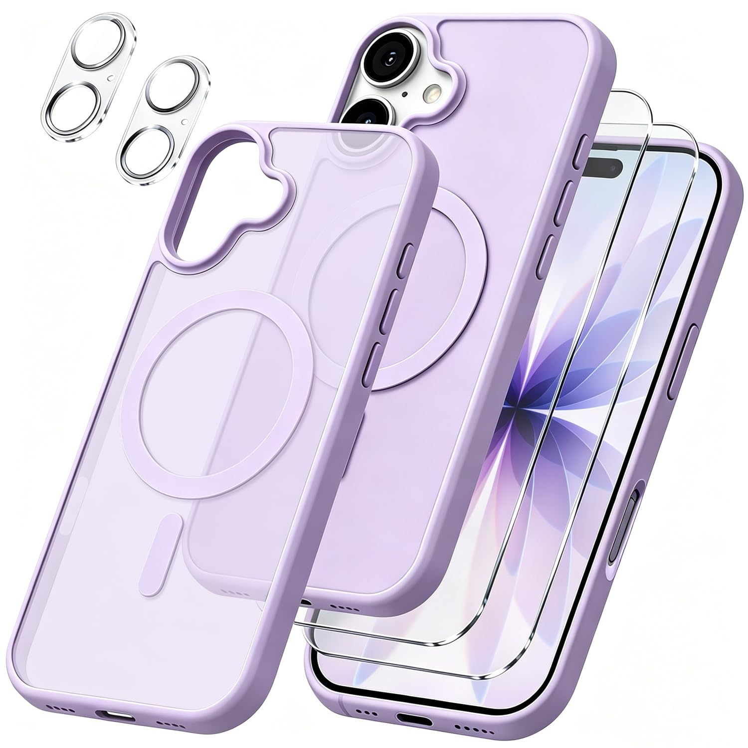 Magnetic Cover per iPhone 17 Compatibile con 2 vetri temperati e 2 vetri per fotocamera, Translucent Matte Slim Back PC+TPU Bumper Shockproof - Viola chiaro