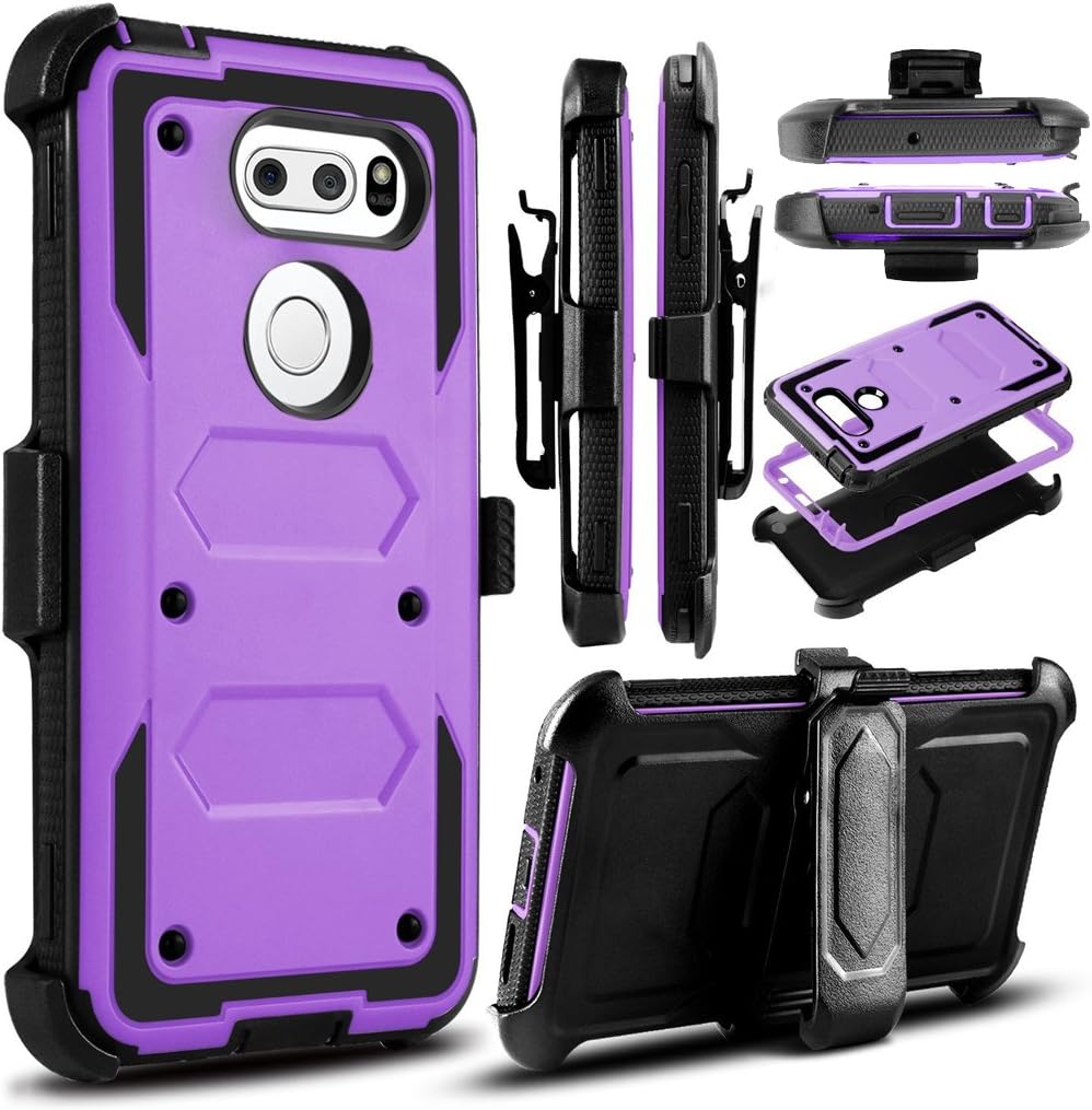 KooJoee Lilac Armor Defender Case Compatible with LG V30/LG V30 Plus, Heavy Duty Shockproof[Double Kickstand][Belt Swivel Clip] Full-Body Protection Carrying Case W/Built-in Screen Protector