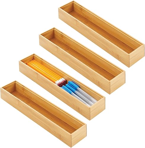 mDesign Organizador de cajones de bambú de madera para oficina, bandeja de almacenamiento apilable de 15 pulgadas de largo para cajones de
