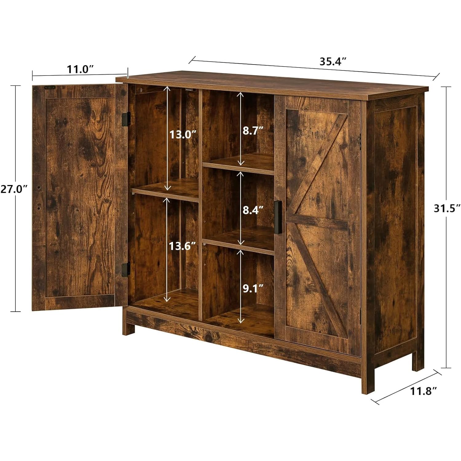ROYAL POLAR Kitchen Cabinet Buffet Cabinet Storage Cabinet with 2 Barn Doors and 3 Adjustable Shelves, Open Compartment Storage Sideboard for Dining Room, Living Room， Rustic Brown
