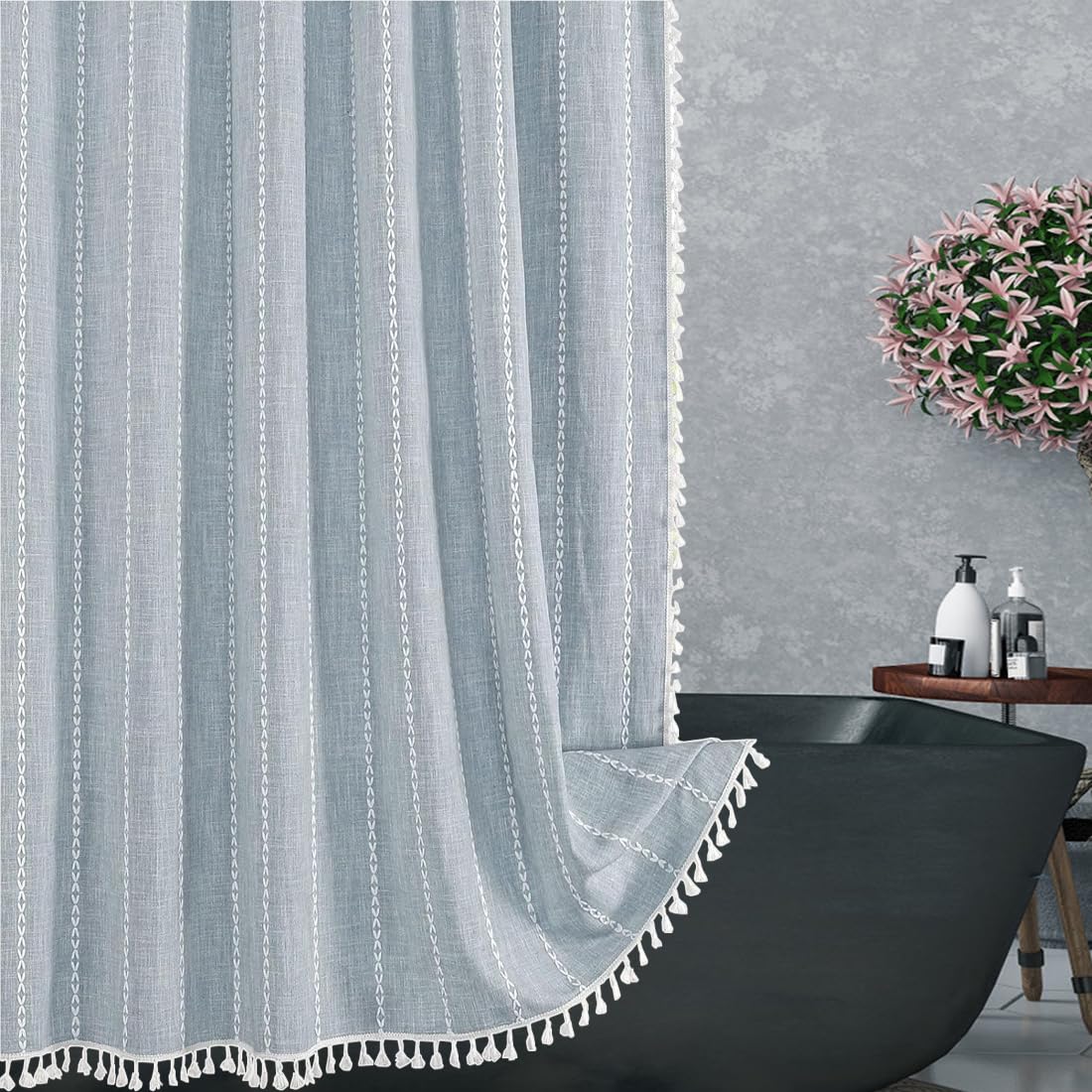 Colorigan Boho Farmhouse Shower Curtain - 72x72 Inches Linen Rustic Fabric Shower Curtain Set with Tassel, Water Repellent Cloth, Modern Bohemian Chic