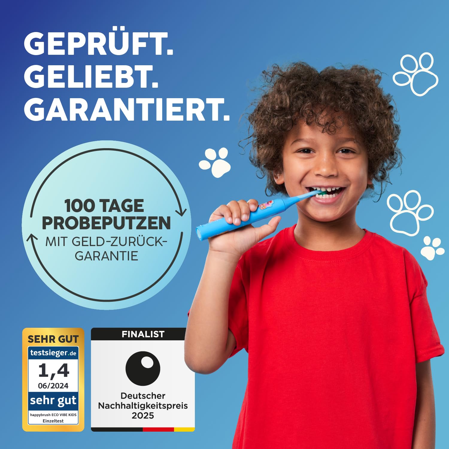 happybrush Eco Vibe Kids - Cepillo de dientes eléctrico para niños a partir de 3 años, con pegatinas, batería de 4 semanas, incluye 6 cabezales, color azul