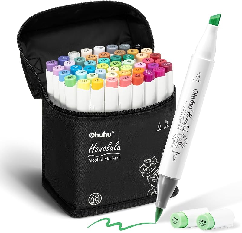 Ohuhu Marcadores de alcohol 48 colores Pincel y cincel para adultos Coloración acogedora | Juego de marcadores artísticos con certificación AP recargables para artistas principiantes, dibujo, ilustración, bocetos, puntas dobles a base de alcohol, Honolulu