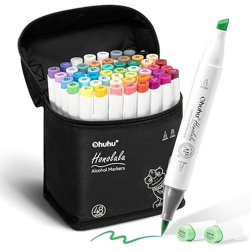 Ohuhu Alcohol Markers Brush and Chisel Tip: 48-Color Double Tipped Art Marker Set for Artist Adults Cozy Coloring Illustrations - Honolulu - Brush and Chisel Dual Tips- Refillable - AP Certificated